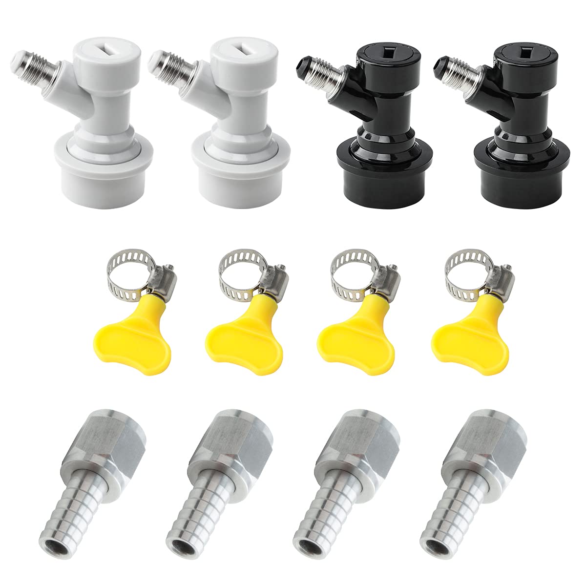 Brewland 2 Pairs Ball Lock Keg Fittings Set, Corny Keg Ball Lock Disconnects for Beer Home Brew, 4 Ball Lock MFL Quick Connectors with 5/16 Gas 1/4 Liquid Barbed Swivel Nuts and 4 Clamps