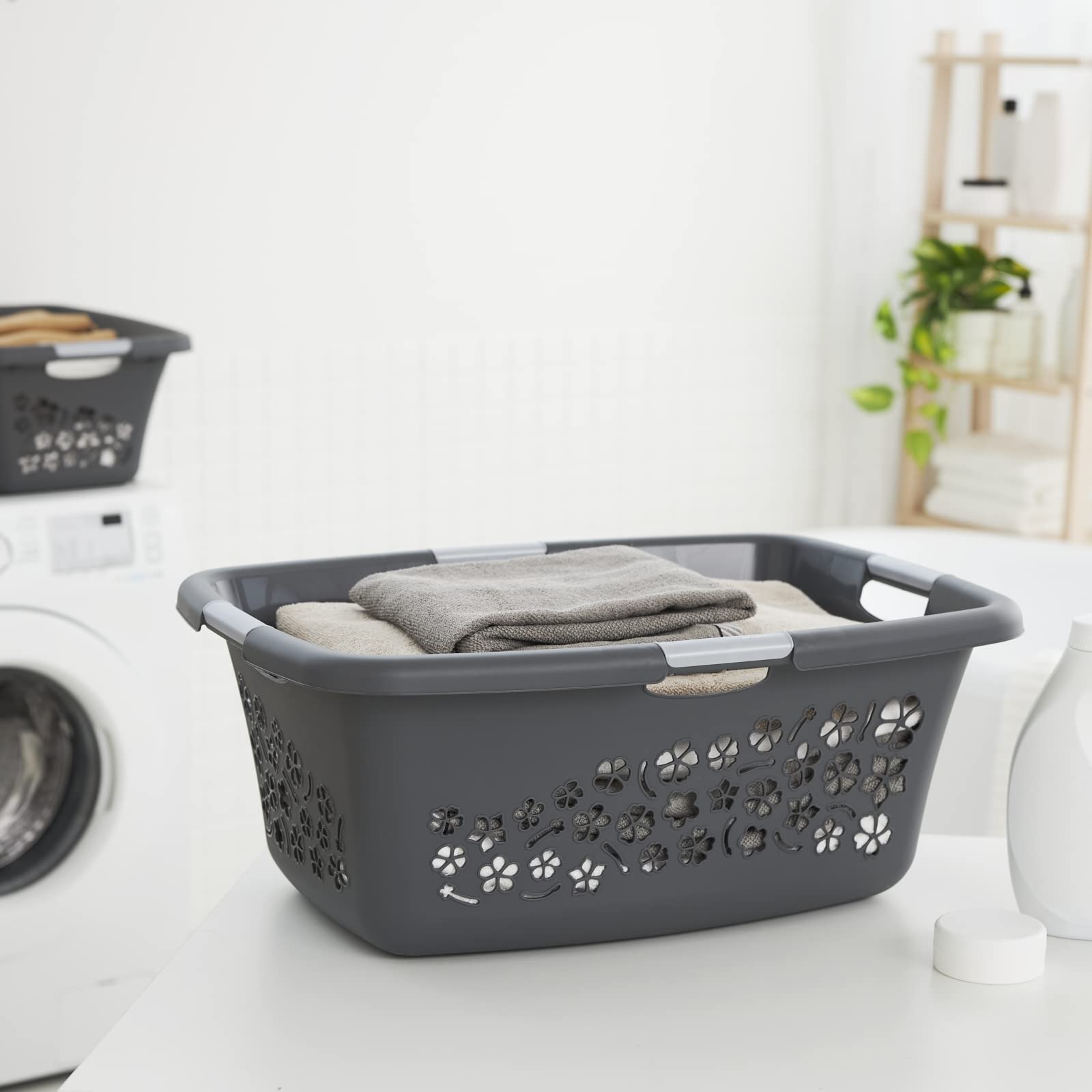 Rotho Flowers 3er-Set Wäschekorb 50l | mit Belüftungslöchern | mit 4 Griffen für bequemes Tragen | robust & langlebig | einfach zu reinigen & hygienisch | anthrazit