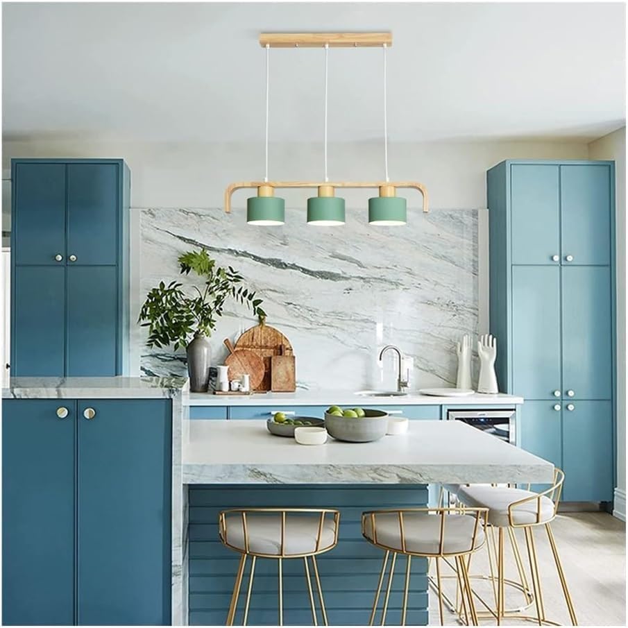Nordic Wood Craft Pendent Lamp，E27 3-Color Dimming Modern Adjustable 3-Light Linear Pendant Light, for Kitchen Island, Dining Room, Cafe Lighting Fixture(Green)