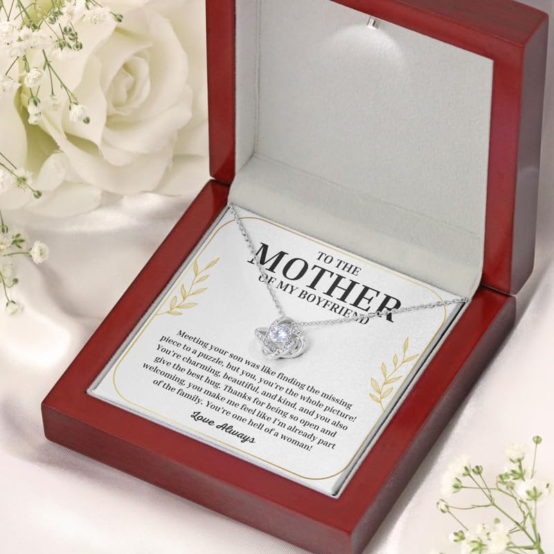 To My Boyfriend's Mom Necklace Message Card Box Love Knot Silver Mahogany - Meeting Your Son Was Like - Relationship Jewelry Aunt Stepmother Valentine