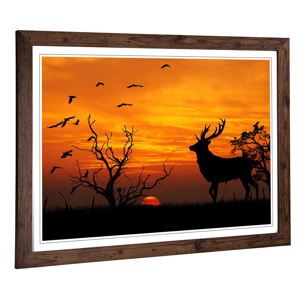 Big Box Art Framed Print of Sunset Stag and Birds Landscape Design | Wall Art Picture | Home Decor for Kitchen, Living Room, Bedroom, Hallway, Walnut, A2 / 24.5x18 Inch / 62x45cm