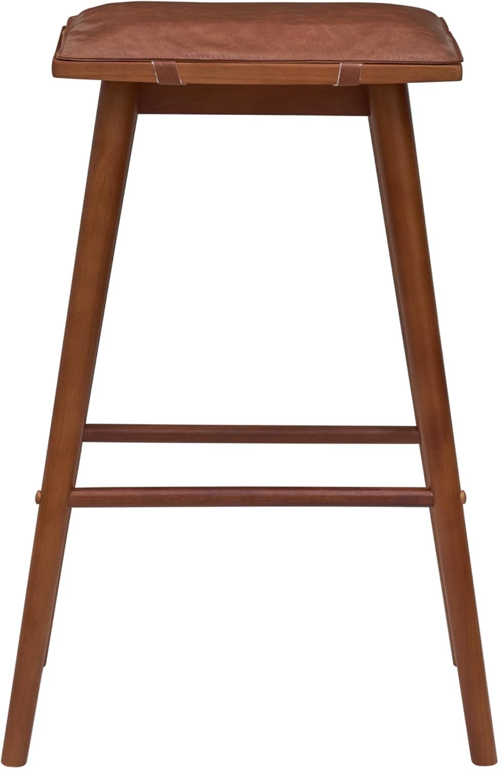 JONATHAN Y Peroni 30.5" Chestnut Brown Solid Wood and Vegan Leather Backless Bar Stool, Mid-Century Bar Height Stool with Cushioned Seat and Footrest for Kitchen Island BSL2002A