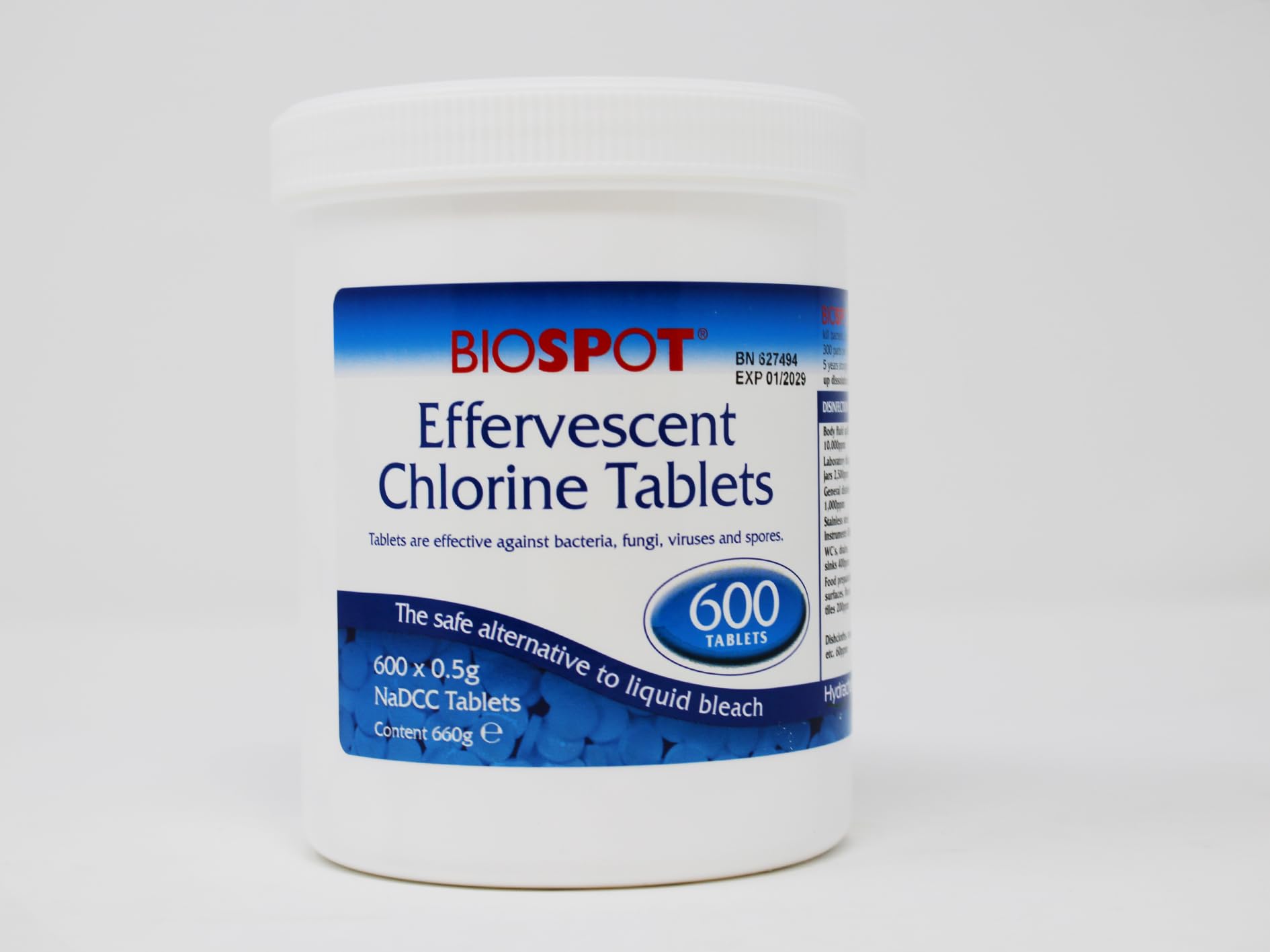 TEST ALL WATER - Biospot Effervescent Chlorine Tablets | Disinfects & Cleans | NaDCC Based | Eliminates 99% Germs | Fast Dissolving | 600 Tabs per Pot | Tablet Diameter: 16mm
