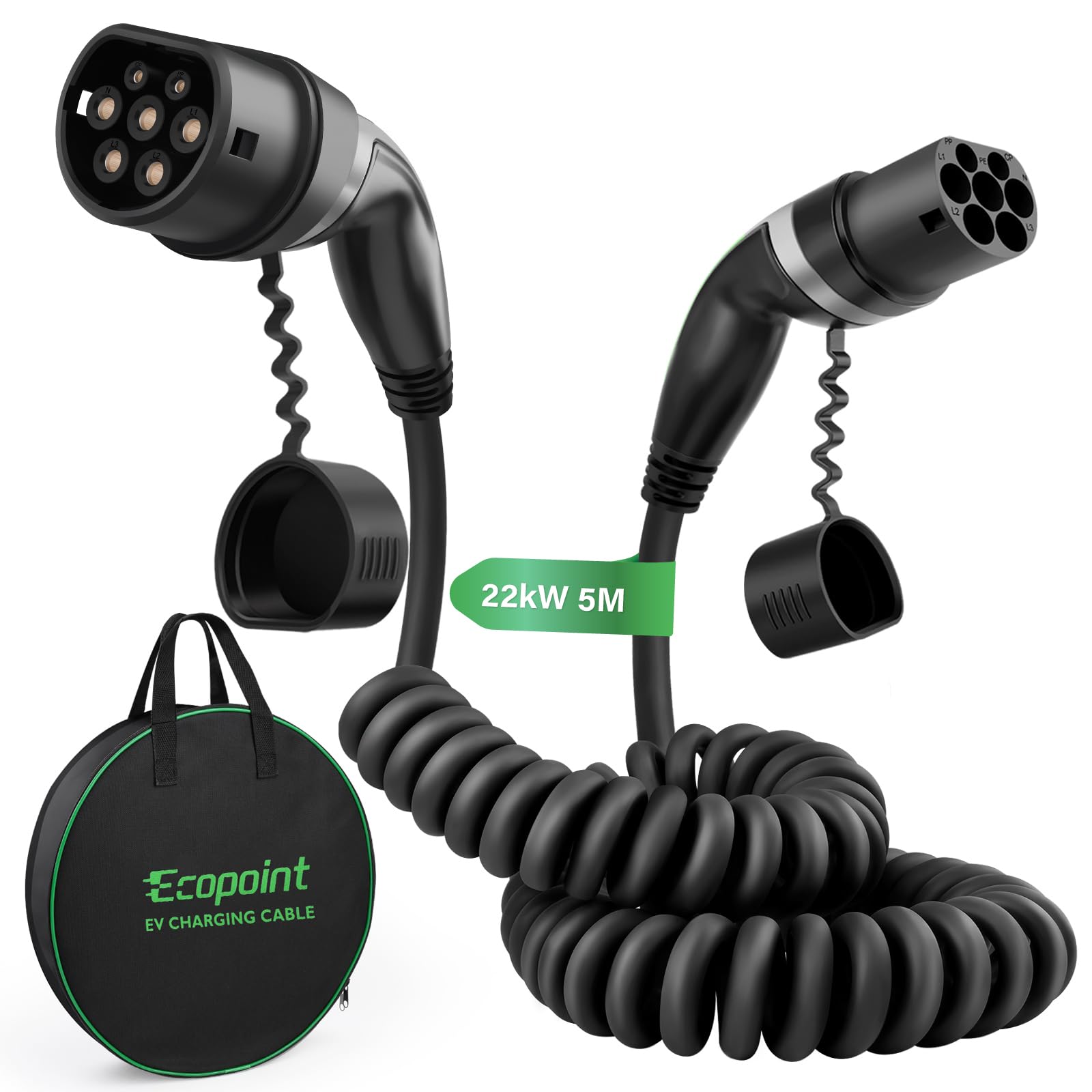 Cable de carga tipo 2 para vehículos eléctricos, 22 kW, portátil de 3 fases, 32 A, Mennekes Mode 3 cable de carga para EV y PHEV (cable espiral de 5 m)