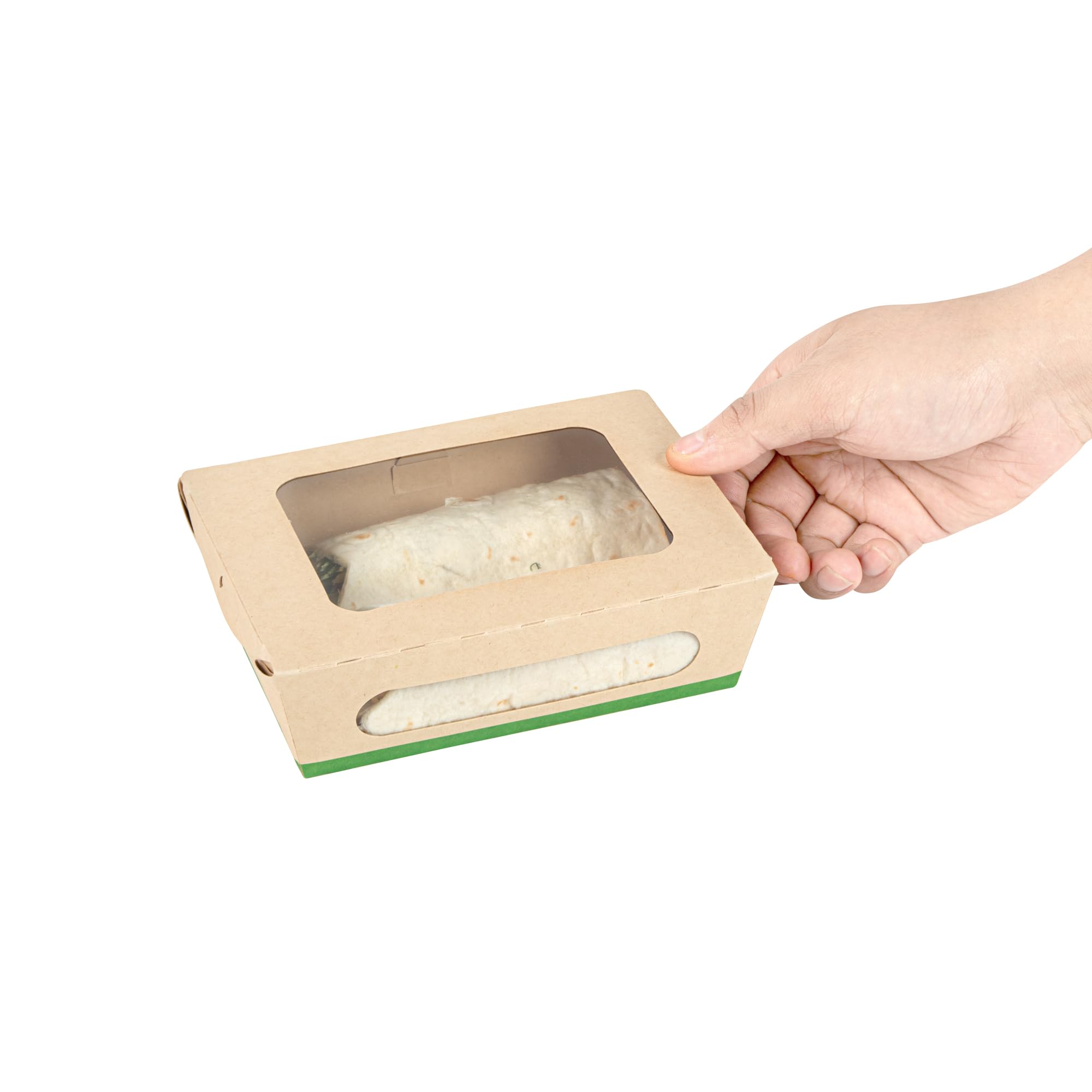 Restaurantware - Cajas de papel resistentes de 28 onzas, 50 recipientes desechables para alimentos, con forro de ácido poliláctico, dos ventanas transparentes de ácido poliláctico, contenedores de