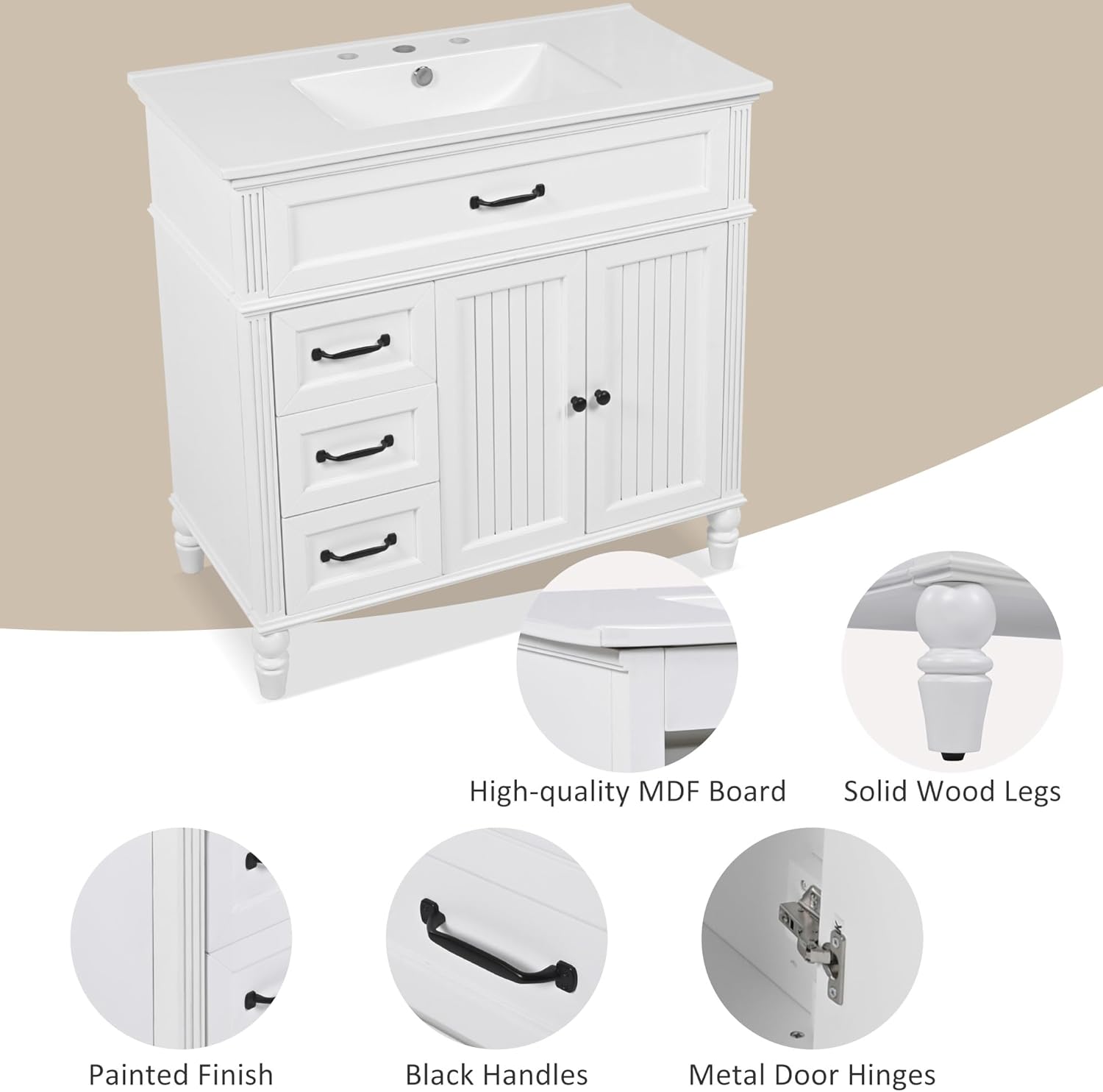 36" Bathroom Vanity with Sink, Bathroom Cabinet with Drawers, Solid Frame and MDF Board, One Package, White