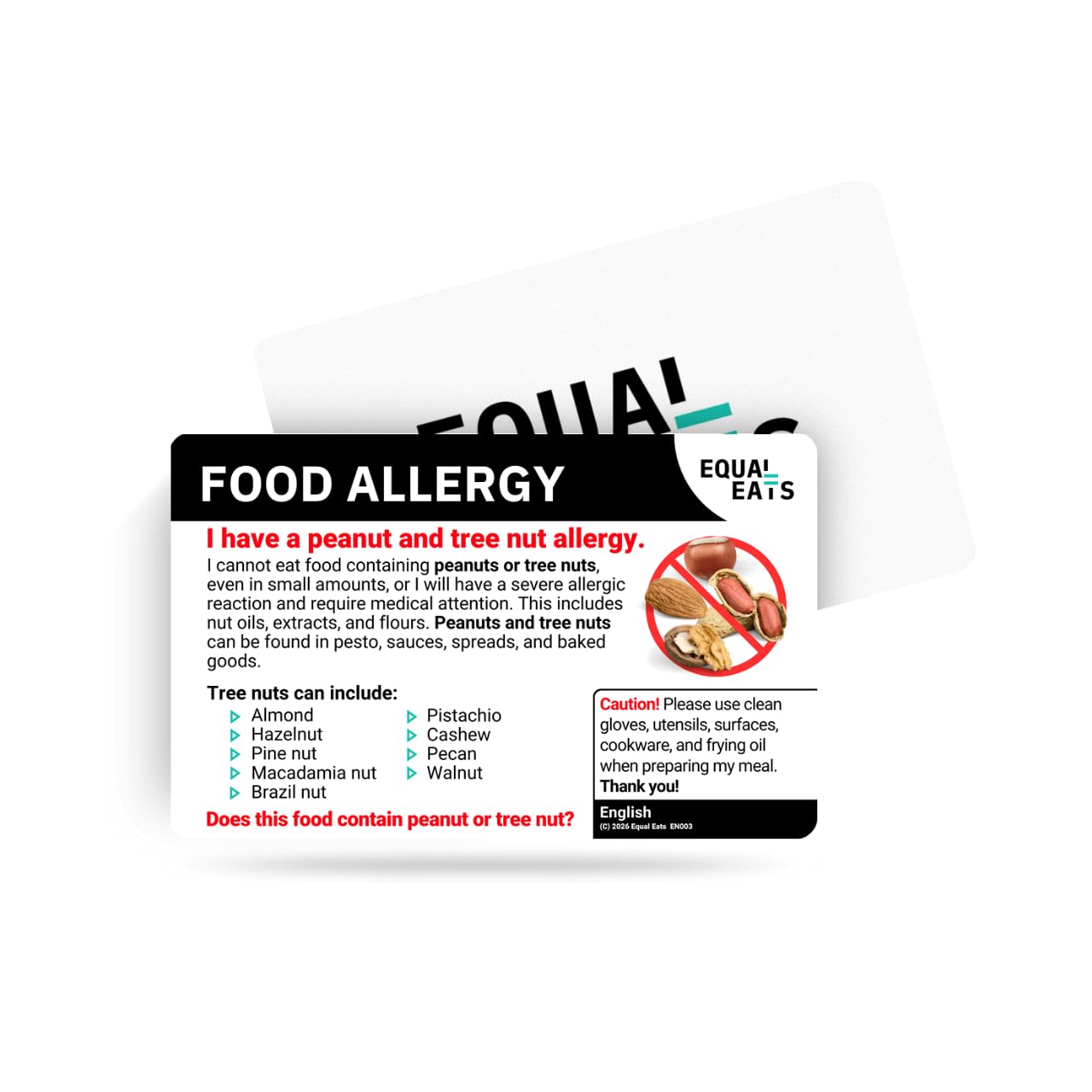 Equal Eats Peanut & Tree Nut Allergy Translation Card, Credit Card Size, PVC Material, English Language, Travel Dining Safety Card for Restaurants (English)