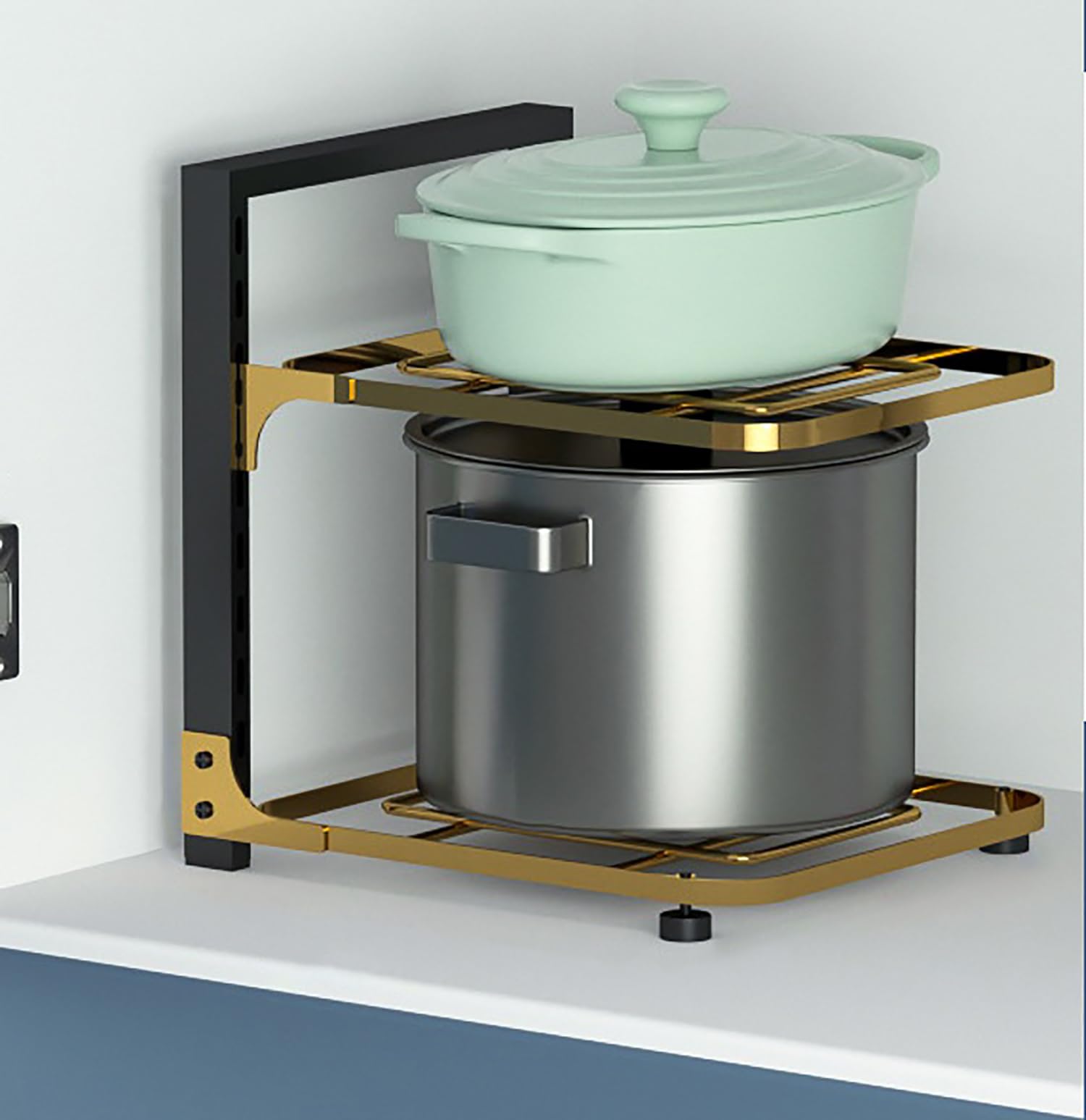 House of Quirk Iron 2-Layer Pots and Pans Organizer for Cabinet, Heavy Duty Pot Pan Corner Shelf Rack, Height Adjustable Under Sink Organizer, Cookware Stand for Griddles, Pans, and Bakeware