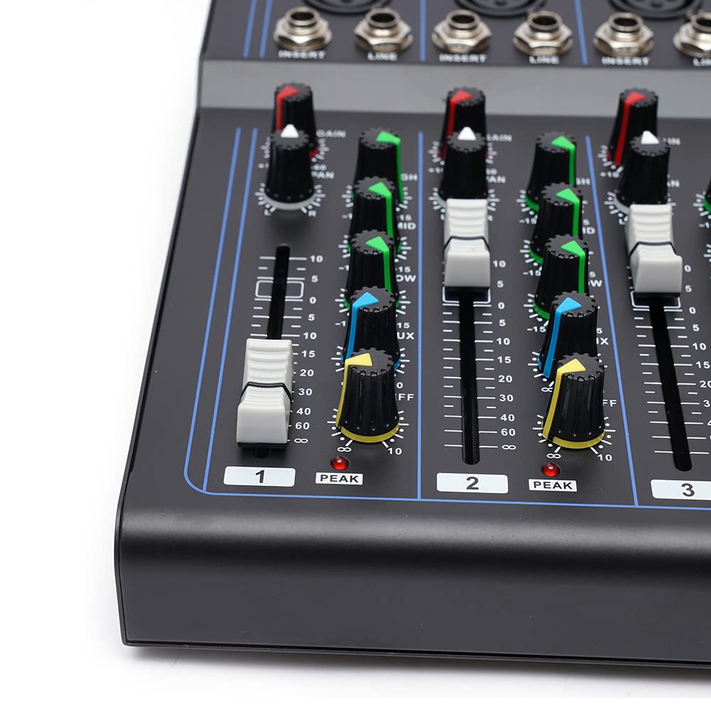 Audio DJ Mixer Soundboard Set de consola, 7 canales, 48 V, alimentación phantom con Bluetooth, USB, estéreo, Live DJ Studio Streaming para fiestas de grabación profesionales en el