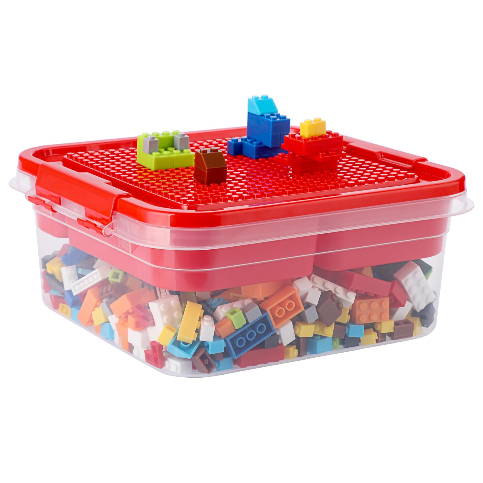 OGANAZI Plastic Storage Container with Bricks Baseplate Lid for Building Blocks, Bricks Building Set Organization Bin with Compartments Tray,