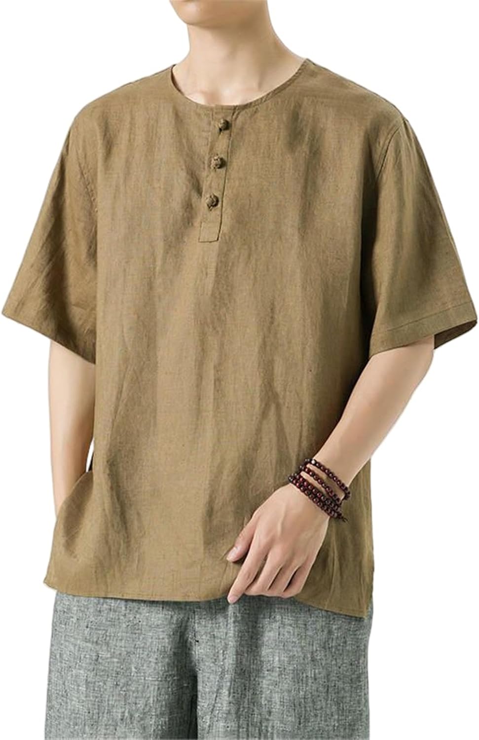 Men's Summer Chinese Style Tang Suit Linen Loose Fit Short Sleeve Shirt