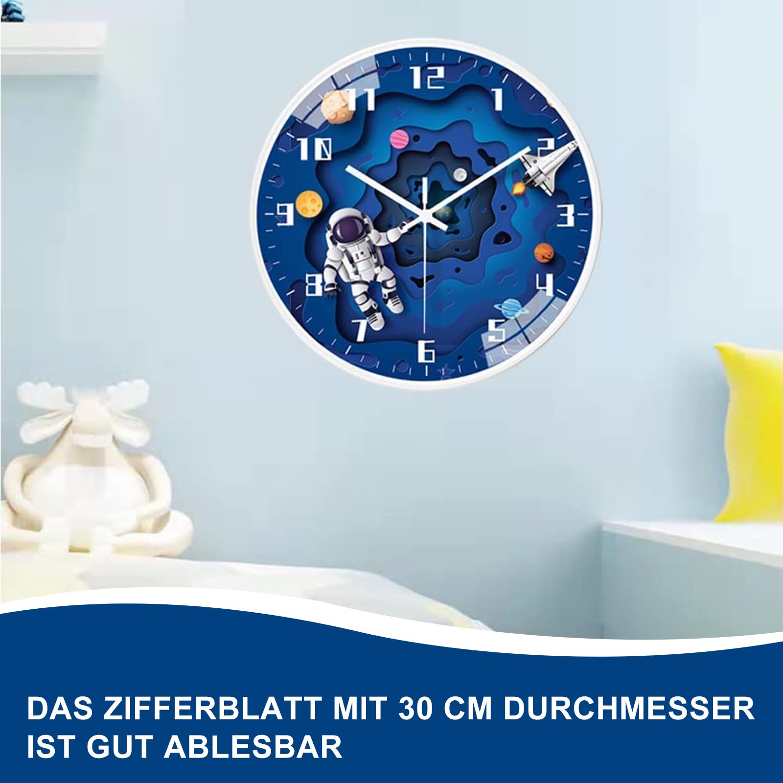 hleo orologio da parete per bambini di alta qualità (astronauta) - orologio da parete silenzioso per bambini - senza ticchettii, quadrante con Ø 30 cm, bella decorazione per la cameretta dei bambini