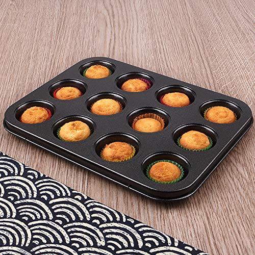 صينية مافن مصنوعة من الستيل الكربوني غير اللاصق زوج الكب كيك والكوكيز للخبز والمافن - 12 كوب خبز اسود صلب كربون بيونتي