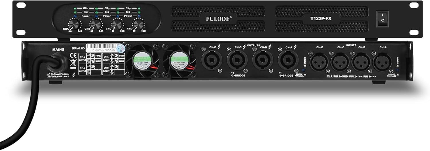 Professional 4-Channel Power Amplifier, 1U 4 x 1500W at 4-Ohm Audio Amp with XLR/Speakon Connectivity, Stereo/Bridge/Parallel Modes, Limiter & Overload Protection for Stage and Studio
