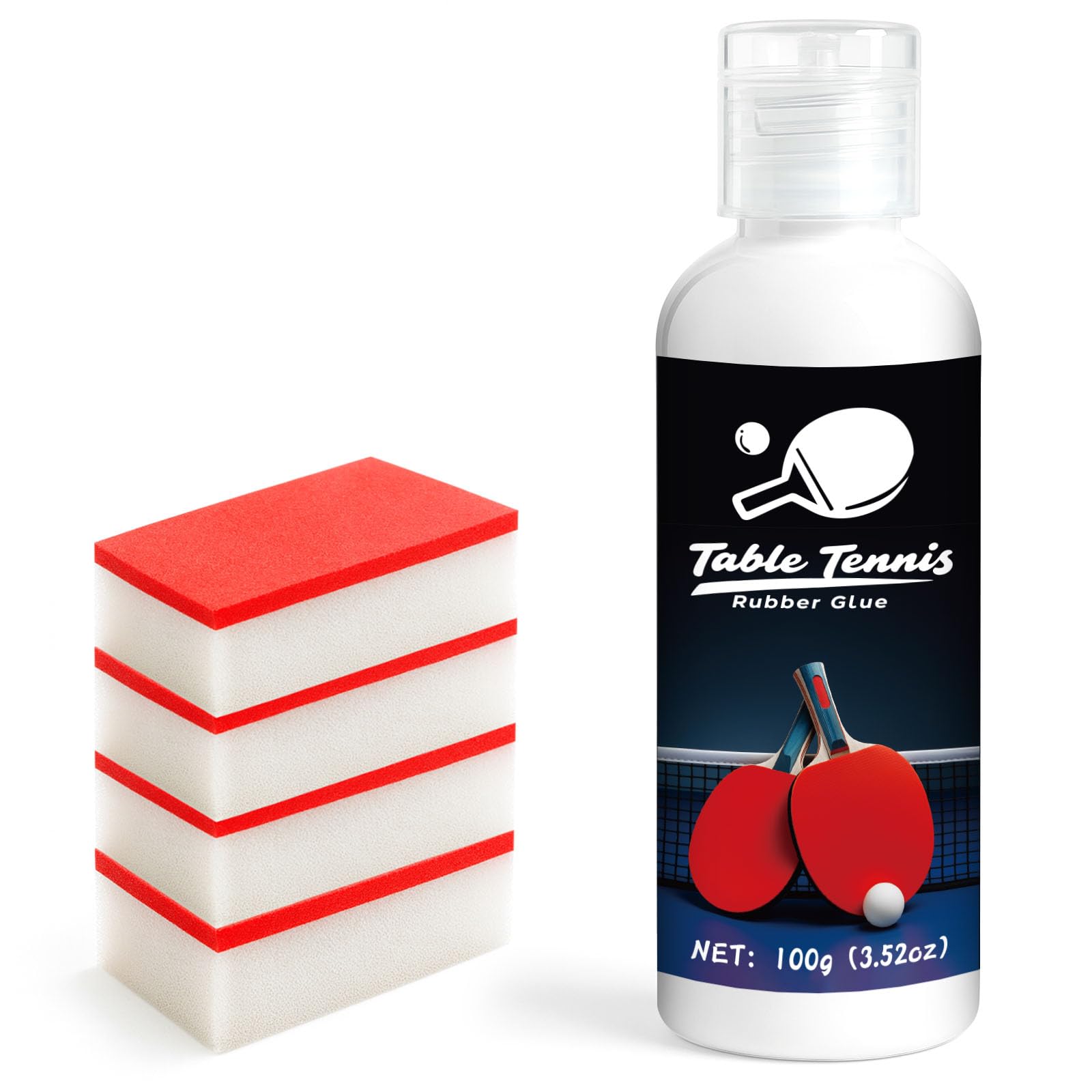 100ml Colle Tennis De Table, Adhésif Conçu pour Le Montage De Revêtements De Tennis De Table avec Éponges Élastiques, Quatre Brosses en Éponge Permettent Un Changement De Revêtement Facile