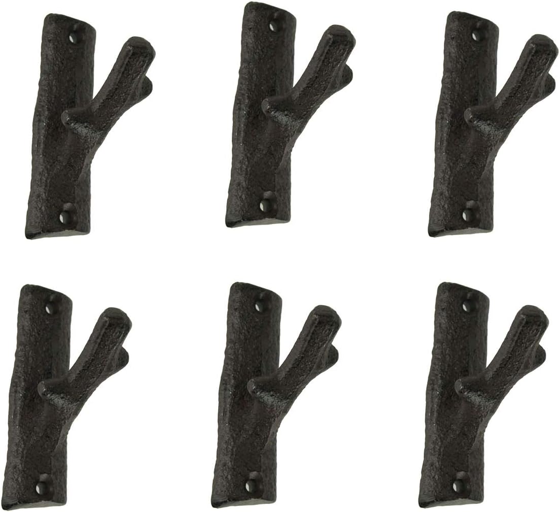 DeLeon Set of 6 Rustic Brown Cast Iron Tree Branch Wall Hooks - Ideal for Western Décor - 3.25 Inches High - Adding Practical Charm and Earthy Elegance to Your Home