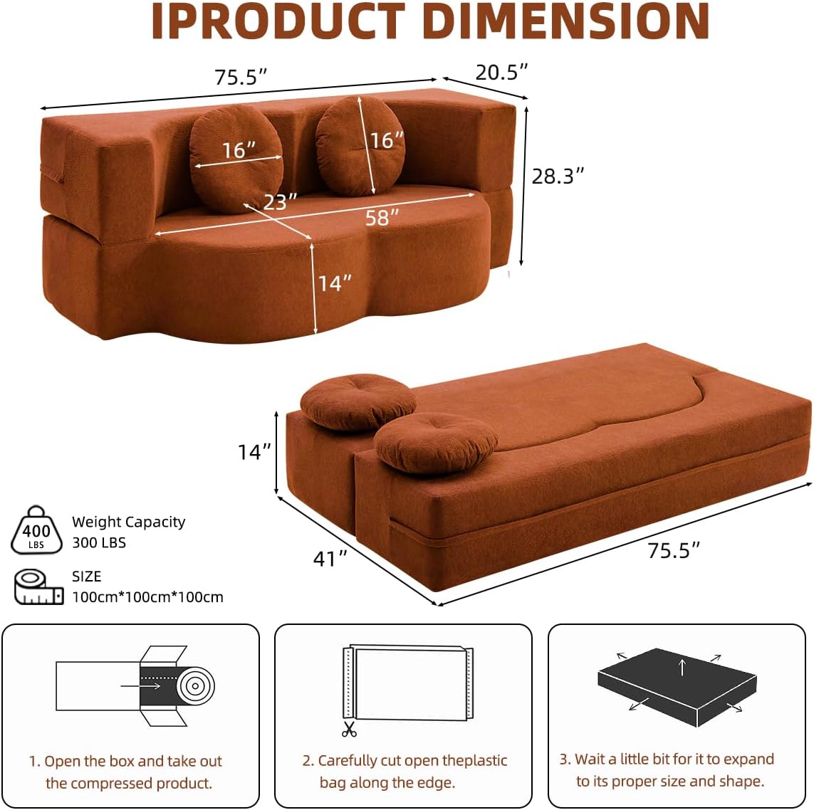 75.5" Teddy Fabric Convertible Modular Sofa Bed with 2 Round Toss Pillows, 2-in-1 3-Seater Floor Couch with Memory Foam Mattress & Non-Slip Bottom for Living Room,Bedroom,Apartment