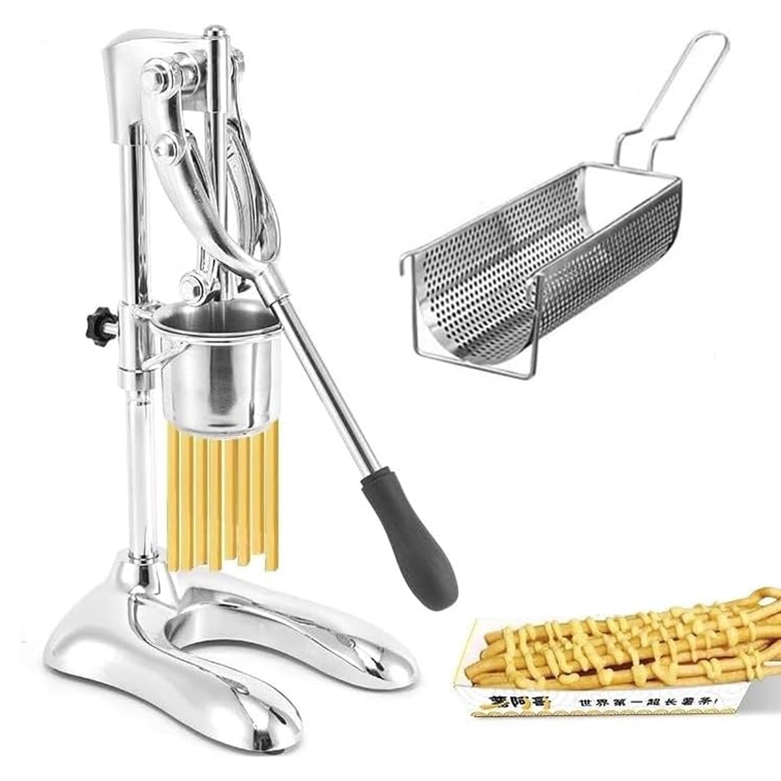 Machine Manuelle À Frites Longues + Panier De Friture, Machine À Frites En Acier Inoxydable De 30 Cm À Pression Uniforme, Extrudeuse À Frites À 12 Trous