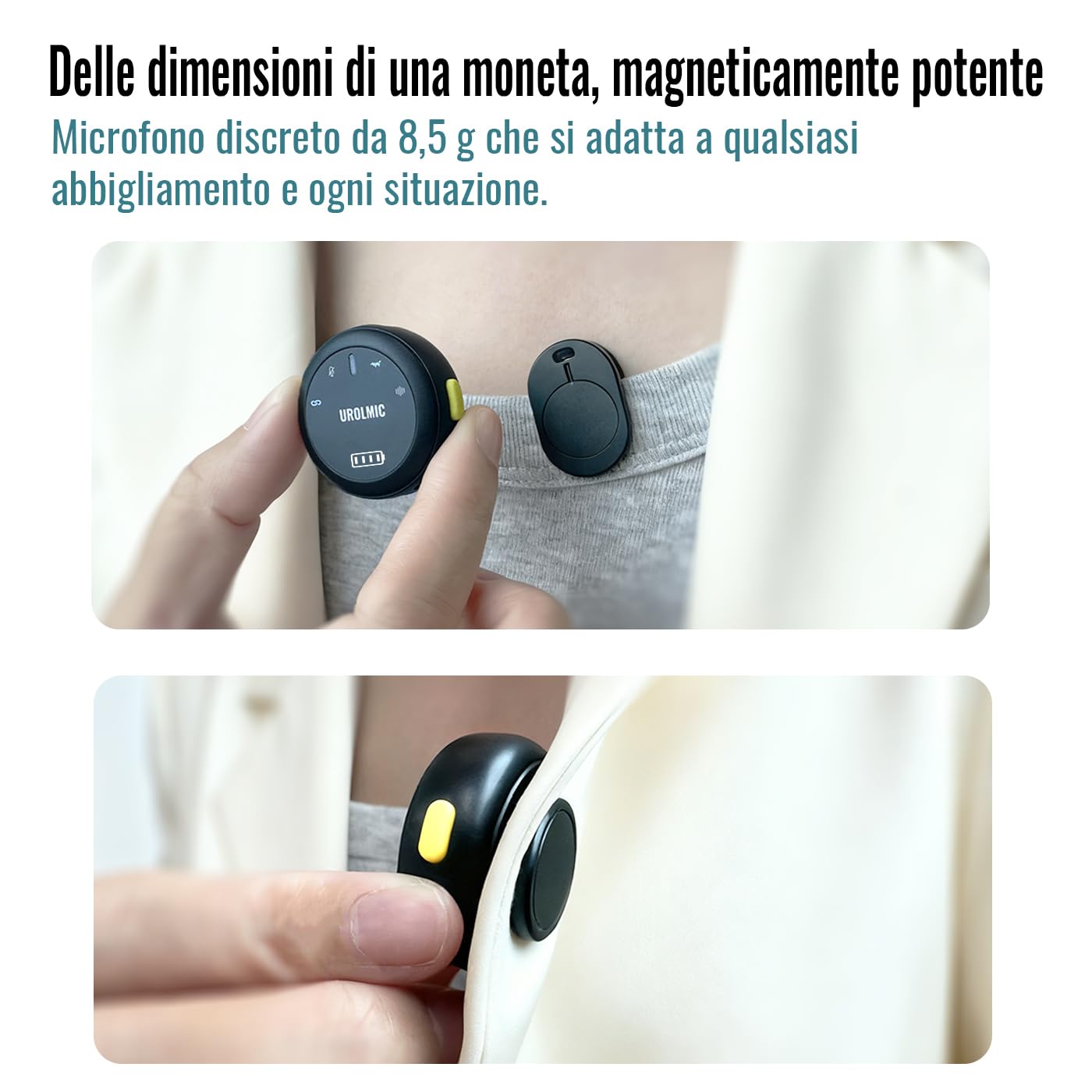 Microfono wireless 2-in-1, 40 Ore di Autonomia, Cancellazione Rumore Professionale, Indossamento Magnetico, Trasmissione 55m, Compatibile con iPhone e Android per Registrazione