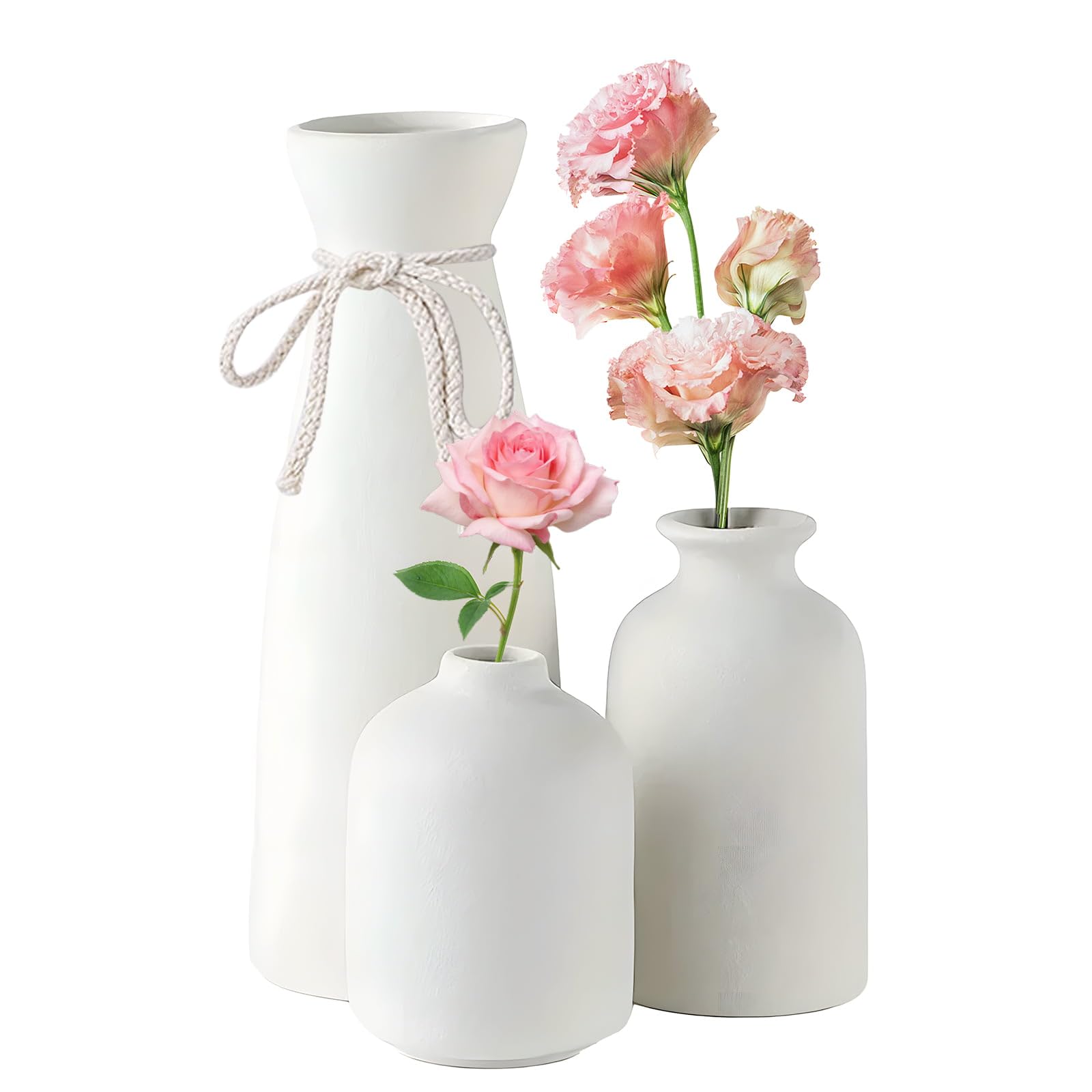 Ceramic Vase Set of 3 Dried Flowers Ceramic Vases Decorative Flowers Vase Rustic Farmhouse Style Mini Decor Vases for Pampas Grass Home Table Centrepieces (White)