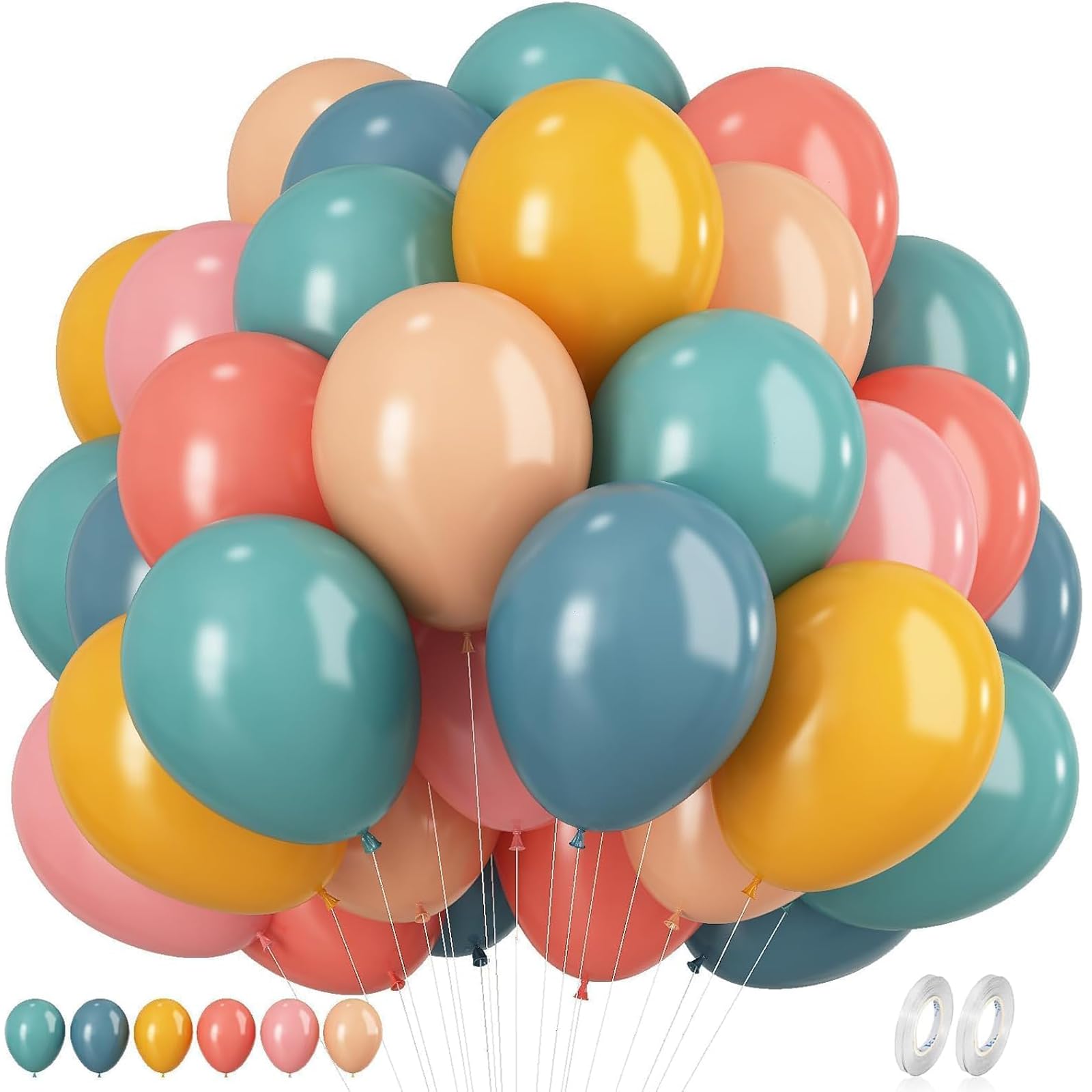 Retro Balloons 12 Inch 60 Pack - Boho Style Party Decorations with Ribbon, Air/Helium Ready Balloons for Wedding, Anniversary & Adult Party Decor (Pastel Rainbow Colors)