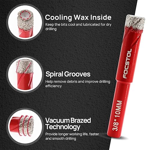 Miniatura 9 de FOCSTOL - Juego de brocas de diamante seco, 4 piezas de sierra de agujero de diamante de 0.236 pulgadas y 1 taladro de carburo de 0.236 pulgadas con