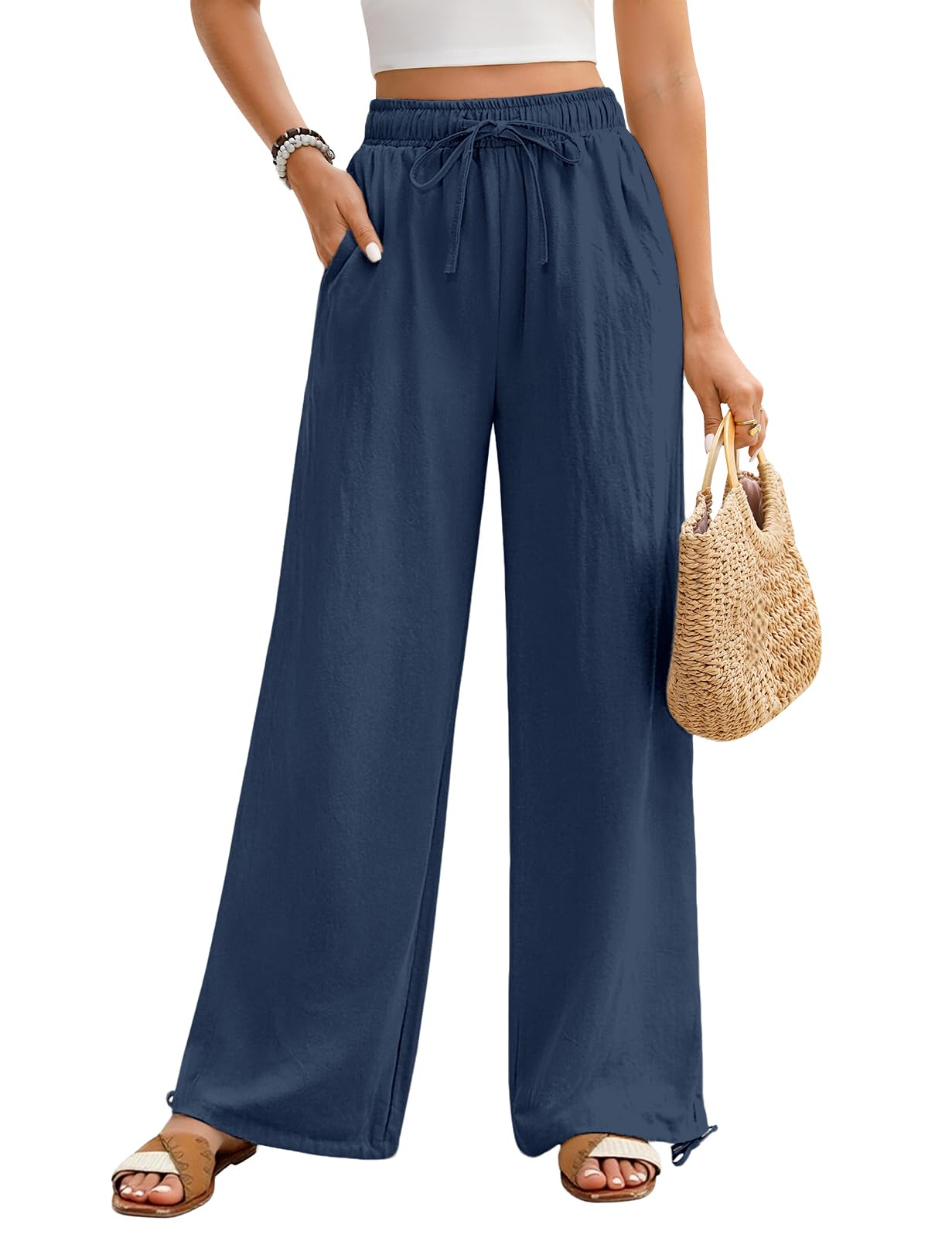 Niwicee Pantalon Fluide Femme Été Pantalon Femme Coton Décontracté avec Cordon Elegant avec Poches Pantalon Droit à Jambes Larges Printemps Pants