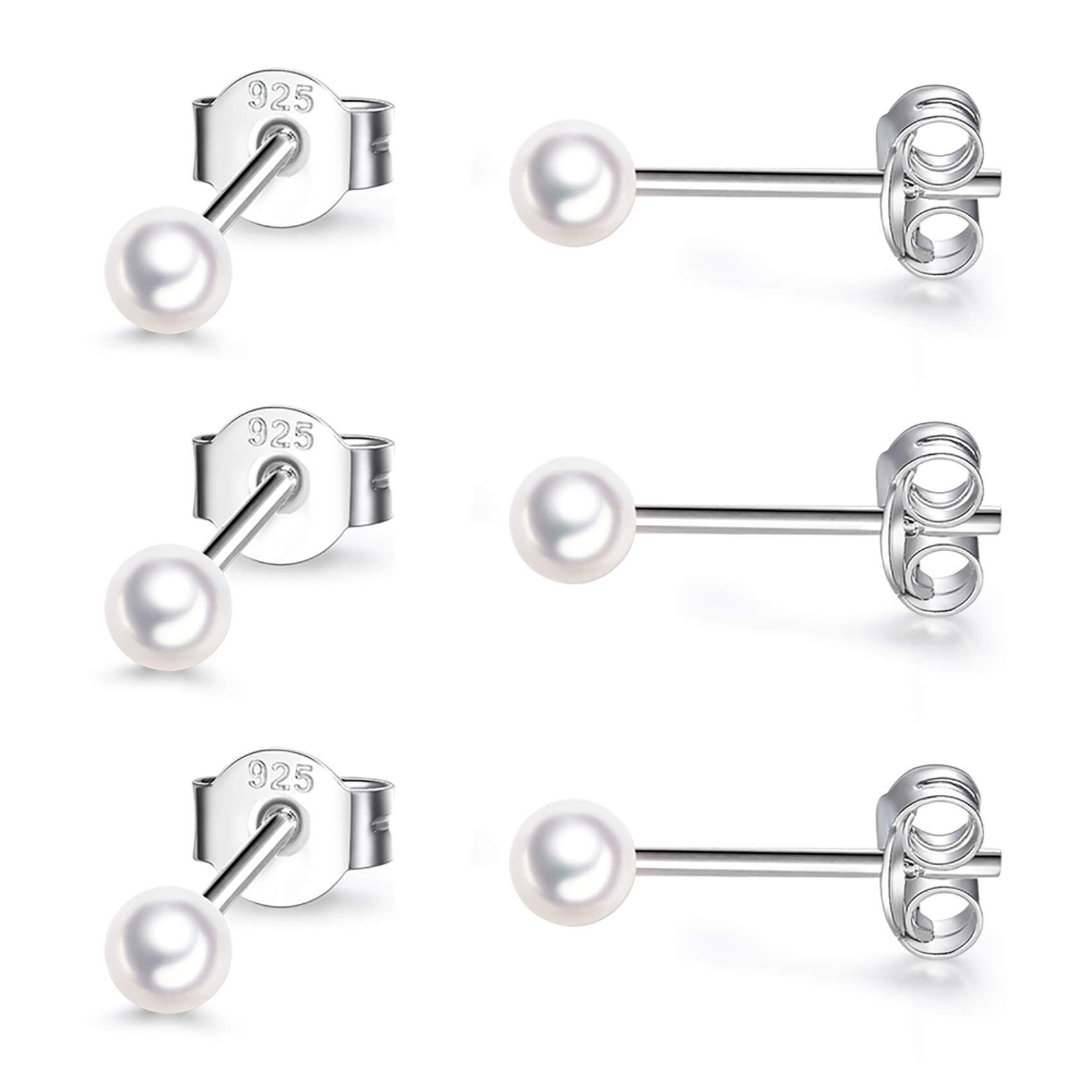 EPIRORA Sterling Silver Stud Earrings for Women Men- 3 Pairs 3mm Tiny Ball Stud Earrings Round CZ Earrings Pearl Earrings Set Cartilage Small Tragus