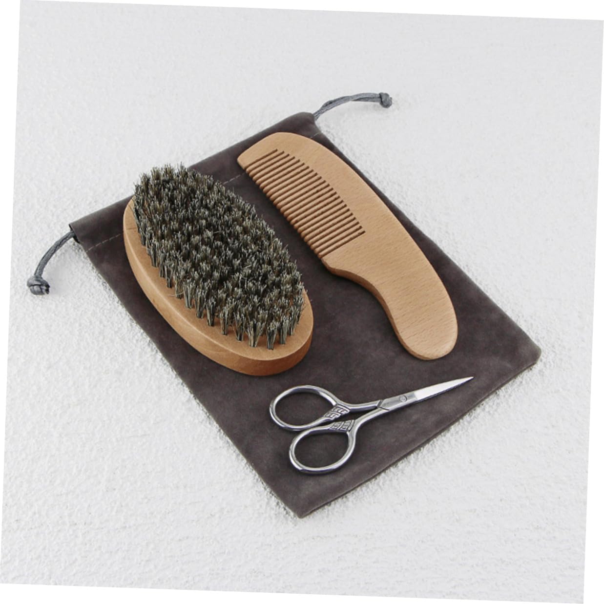 Beard Shaving Beard Grooming Kit for Men with Beech Wood Comb Precision Scissors Soft Brush and Carrying Pouch for Daily Styling and Care