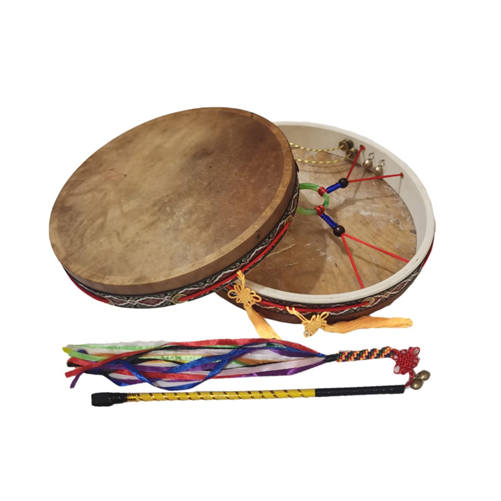 Tambour de Buffle Double Rangée Roseau en Cuivre avec Baguettes Percussion Tambour Chamanique Alchimie Tambour à Main, Guérisseur de Son Spirituel Méditation Réflexion(50cm,3-piece set)