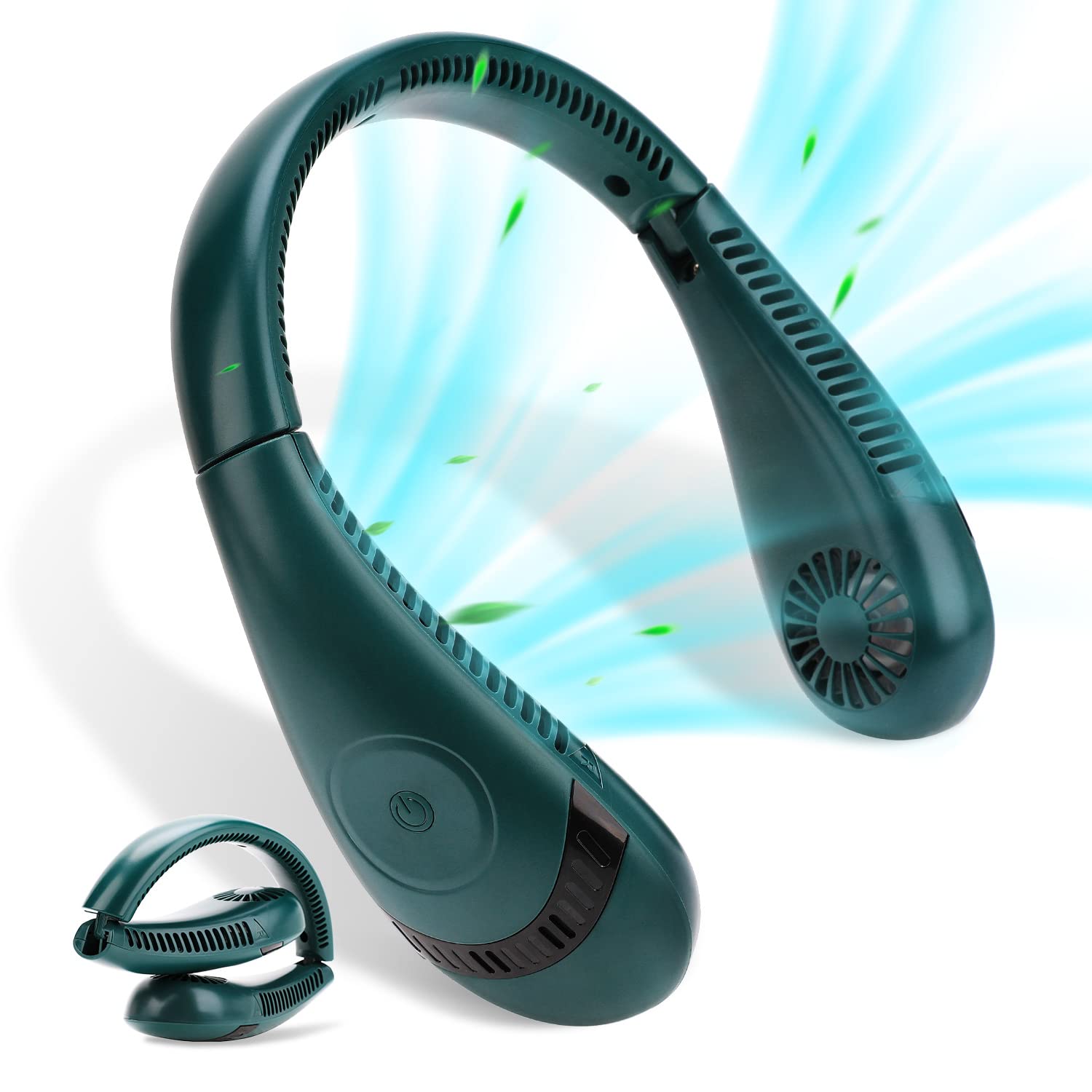 SKD RV TechPortable Neck Fan, 5000mAh Foldable Personal Fan, Up to 12 Hours Hands-Free Bladeless Fan, Adjustable Portable Fan with USB Charging 3 Speeds for Kitchen, Office, Outdoor - Green