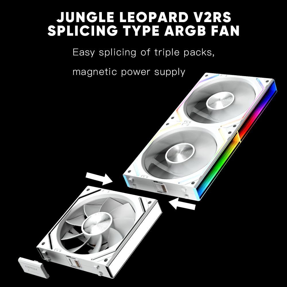 Jungle Leopard Lot de 3 ventilateurs de PC JM-V2 RS 120 avec module miroir infini ARGB 120 mm pour boîtier d'ordinateur et refroidisseur AIO 360 mm (revers blanc)