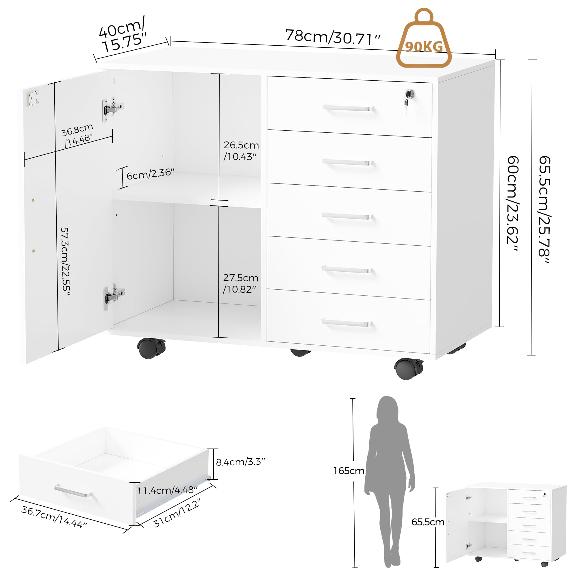 BEWISHOME Caisson de Bureau Rangement à 5 Tiroirs Verrouillables, Meuble Rangement Bureau avec 5 roulettes, Meuble imprimante Mobile avec 3 étagères réglables, Poignées métalliques, 78x40x65,5 cm