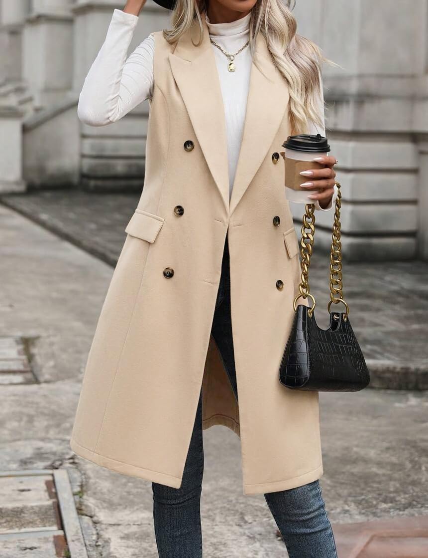 IDEALSANXUN Womens Long Wool Vest Fall Winter Sleeveless Blazer Jackets Trench Coat Outerwear Tops - Image 2