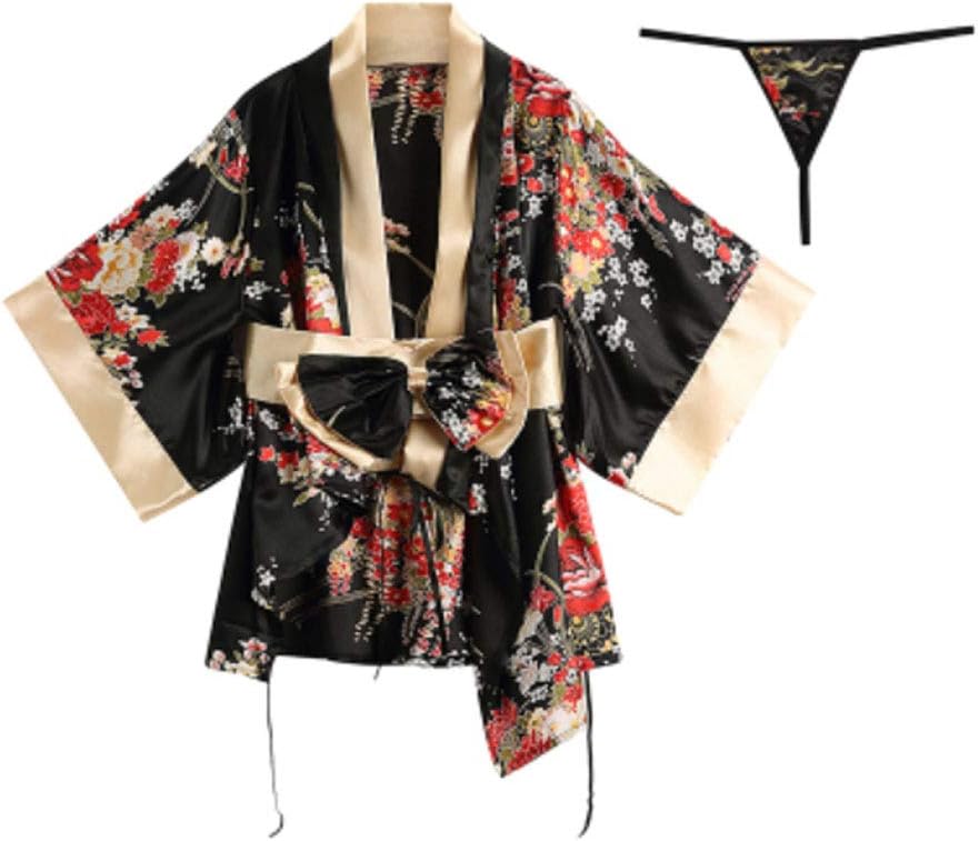 Women Ultra-thin Seductive Pajamas Sweet Japanese Kimono yukata Set Cosplay Uniform Nightgown Gown Robe(Peony) Black