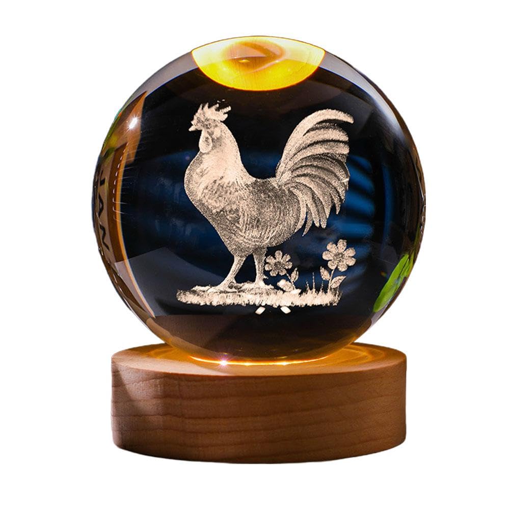 Chinese Zodiac Luminous Crystal Ball Night Light, Chinese Zodiac Horse 3D Crystal Ball with Wooden Lighting Base, Feng Shui Glass Sphere, New Year Birthday Gift, Home Furnishings (chicken 6cm)