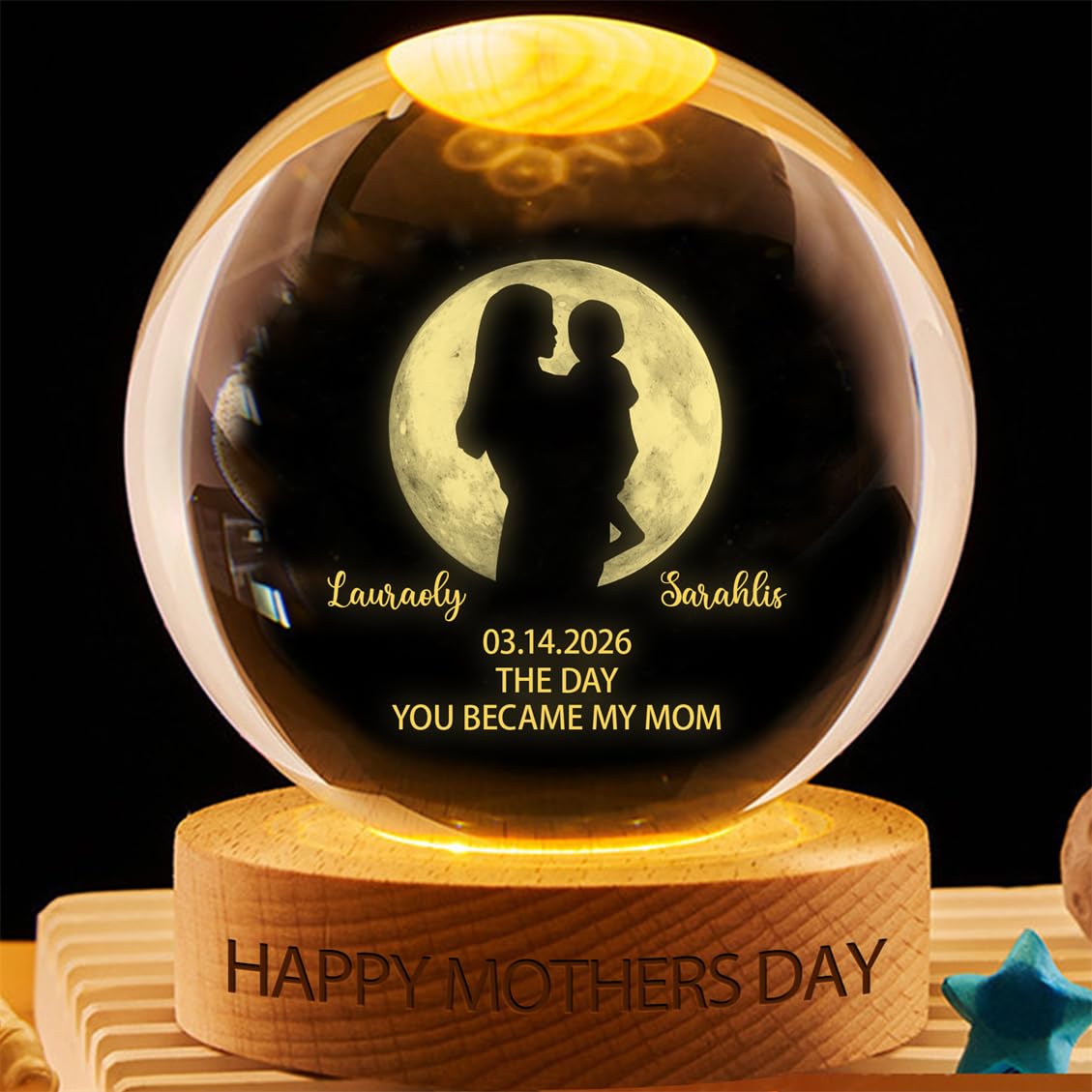 Wasetell The Day You Became My Mom Personalized Moon Phase Crystal Ball Light Custom Mom and Kid Crystal Ball Lamp Mother's Day Keepsake Gift for Mommy Grandpa Birthday Christmas