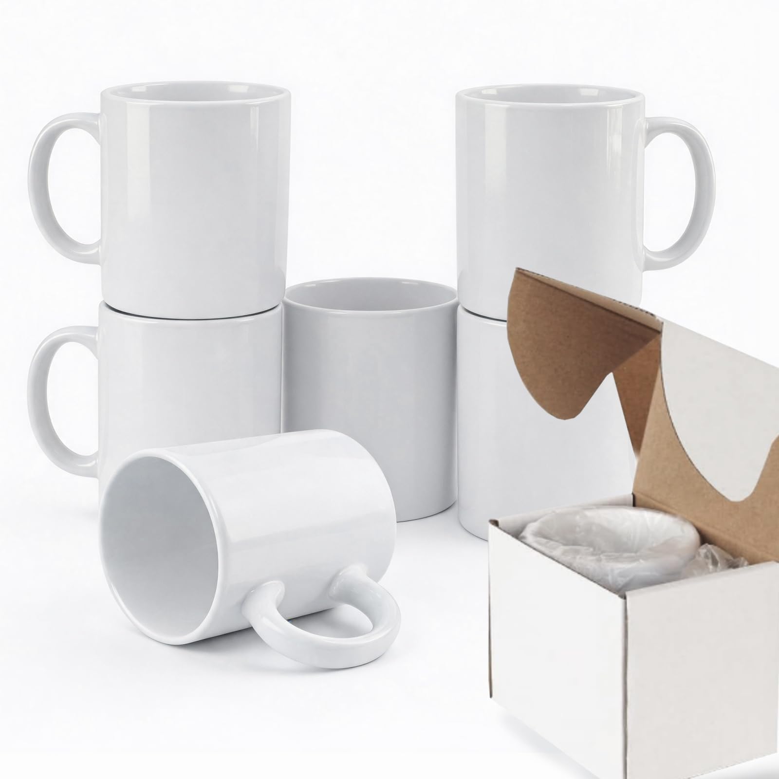 Sulwena White Coffee Mugs Set of 6 | 11oz Blank Sublimation Mugs with Boxes | AAA Gloss Ceramic Tea Cups with Large Handle for Heat Press Printing DIY Personalised Gifts