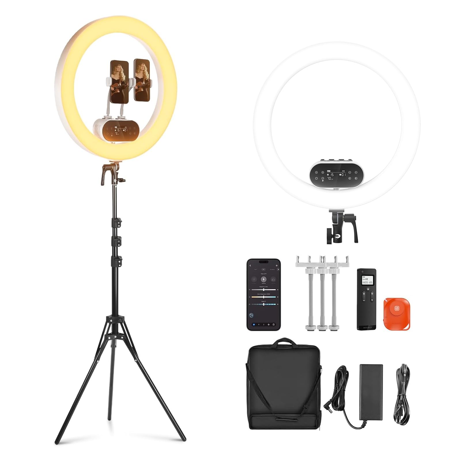 NEEWER Wysokowydajne oświetlenie pierścieniowe LED, 19", 100 W, ze statywem i 3 uchwytami na telefon, kompatybilne z iPhone, 2900-7000 K, CRI97+, sterowanie aplikacją i 2,4 G, oświetlenie do selfie