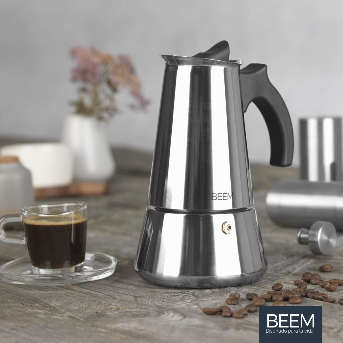BEEM Cafetera italiana de acero inoxidable, 300 ml