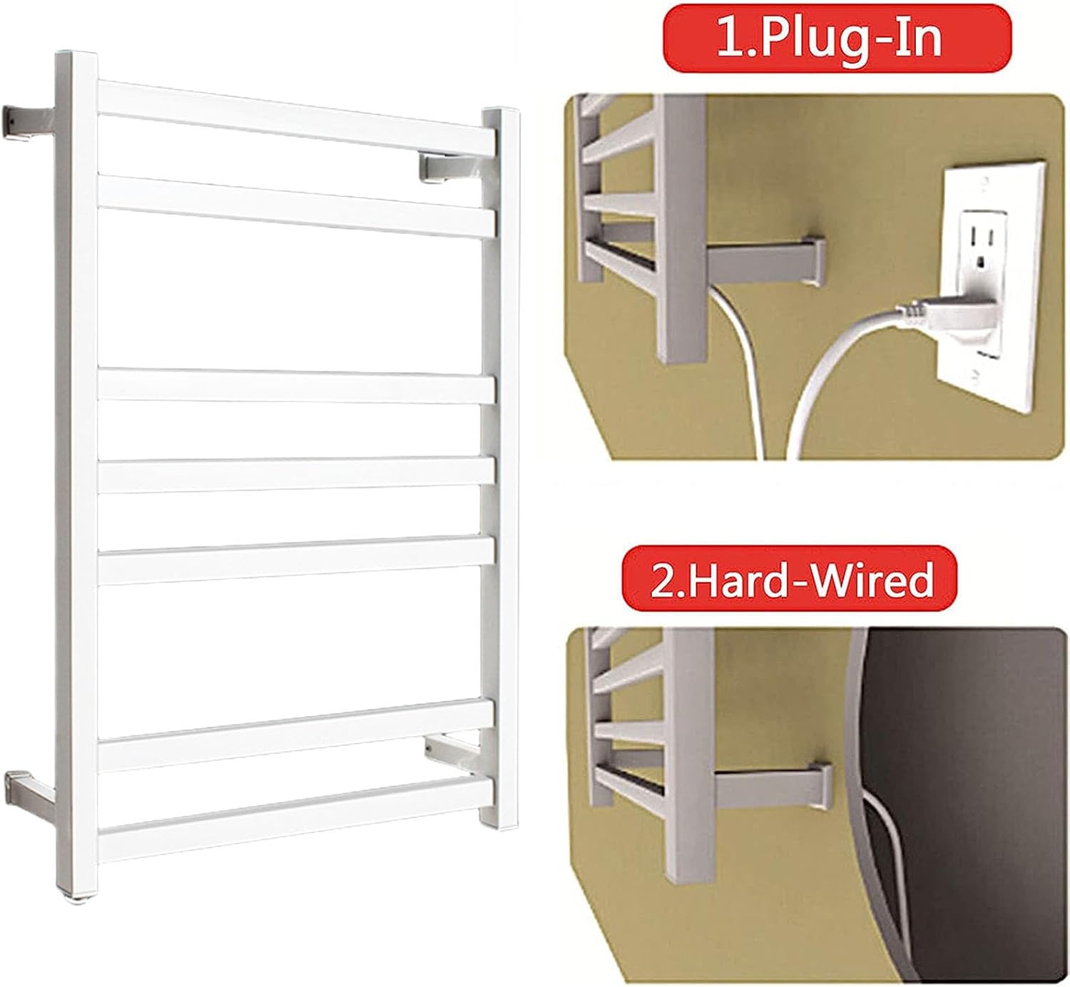 Heated Towel Rack for Bathroom, Electric Towel Warmers Wall Mounted 7 Bars, Towel Drying Racks Stainless Steel with Intelligent Constant Temperature,A White,Hard Wired(Black-Plug in