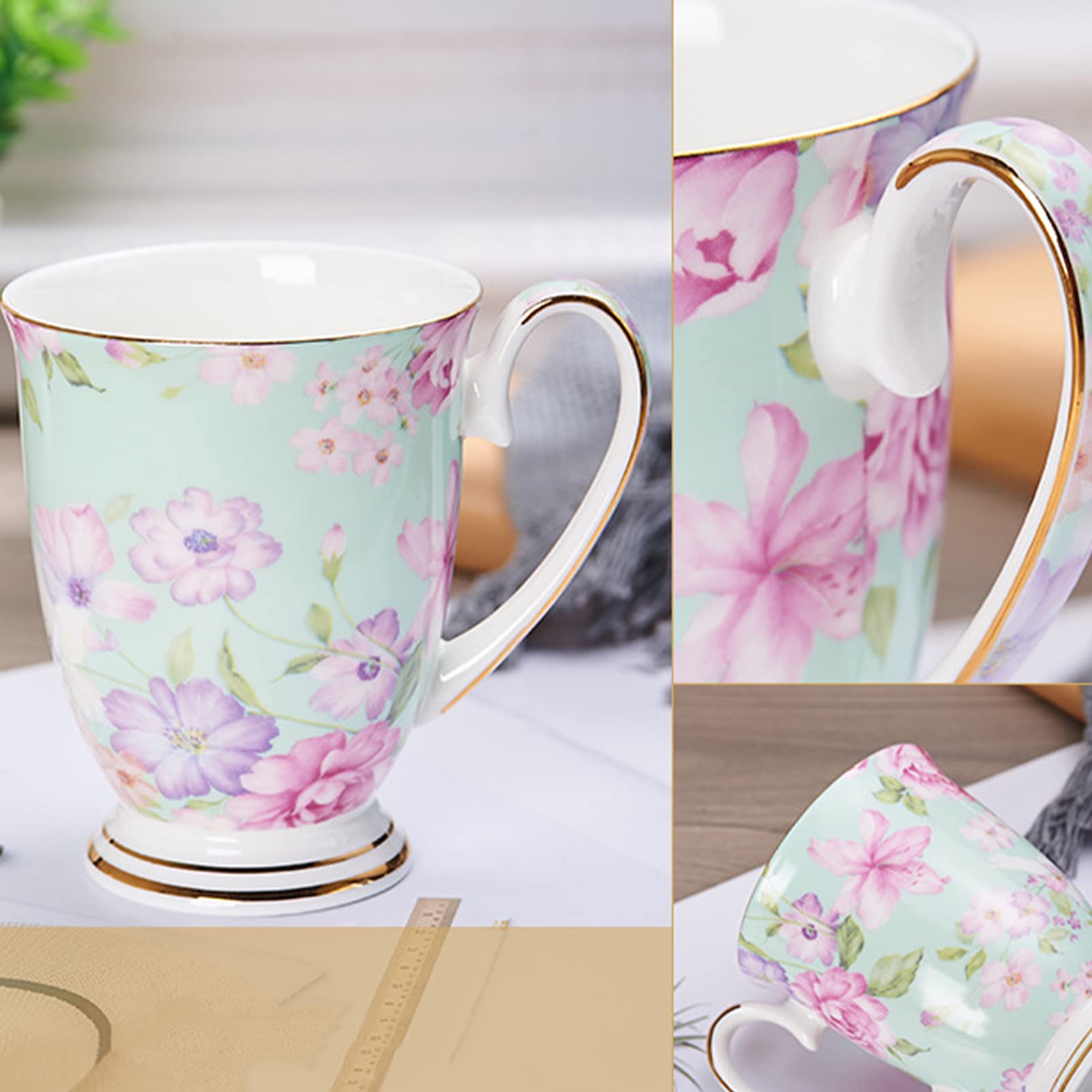 Tazza in porcellana, grande tazza da caffè in ceramica, tazza con manico a forma di fiore, tazza da tè pomeridiano, tazza da cappuccino europea, per casa e ufficio circa 300 ml, regalo per donne