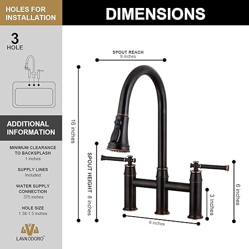 Miniatura 6 de Lava Odoro - Grifo de cocina de puente de bronce aceitado con rociador extraíble, grifo de fregadero de cocina de transición de 3 agujeros,