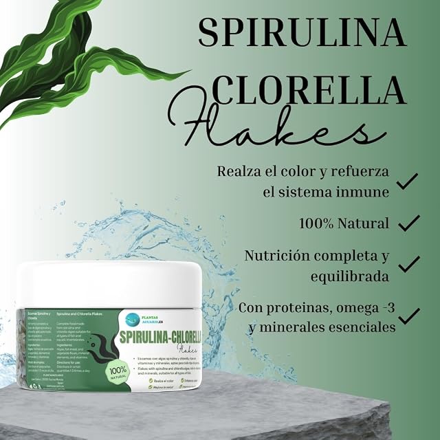 Foto 2 de 2 de Spirulina - Chlorella Flakes Plantasacuario 1000ml, alimento en Copos a Base de Algas, Escamas para Todo Tipo…