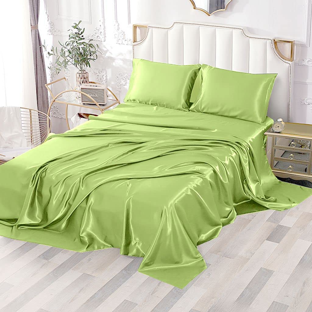 Sfoothome Sage Green Satin Bed Sheet Set Satin Sheets Queen Size Deep Pocket Silky Satin Sheet Set with