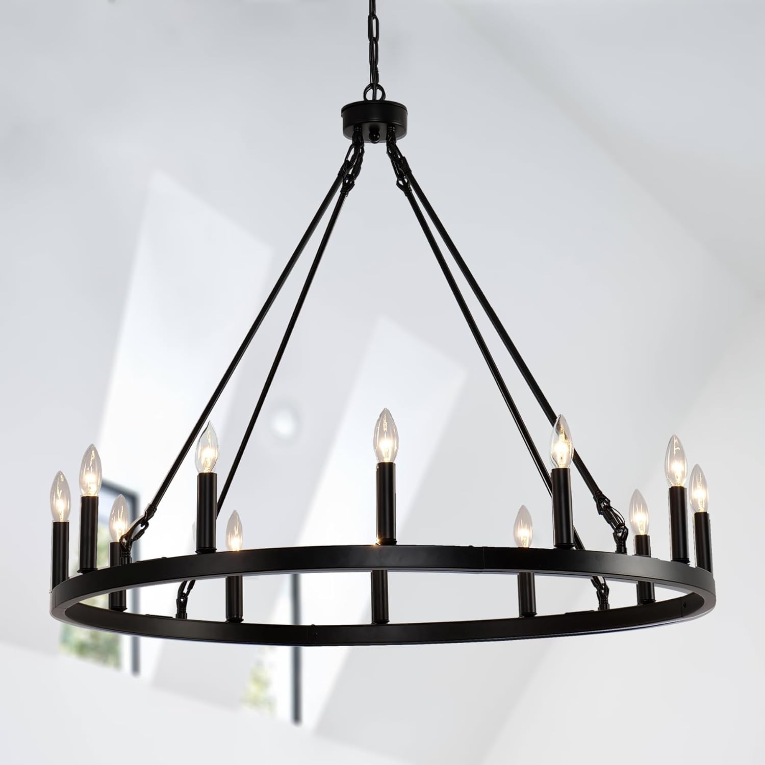 HYJAUSXB Black 12 Light Candle Style Wagon Wheel Chandelier for Outdoor Porch Modern Chandeliers Living Room Hallway and Foyer 38 Inch