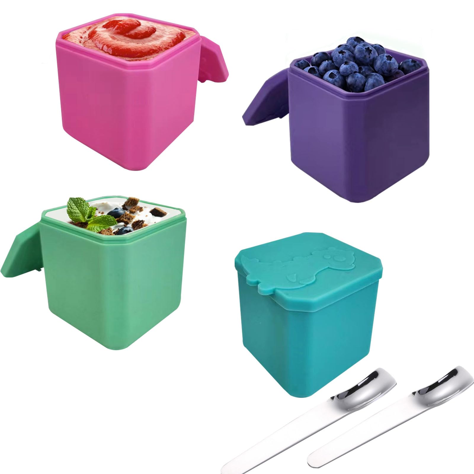 Photo 1 of IMZSOK 4 Leak Proof Dipping Sauce Containers with Lids with 2 Spoons, Portable 4 oz Silicone Salad Dressing Containers, Compatible with Most Bento Boxes for School Lunch Picnic Trips.