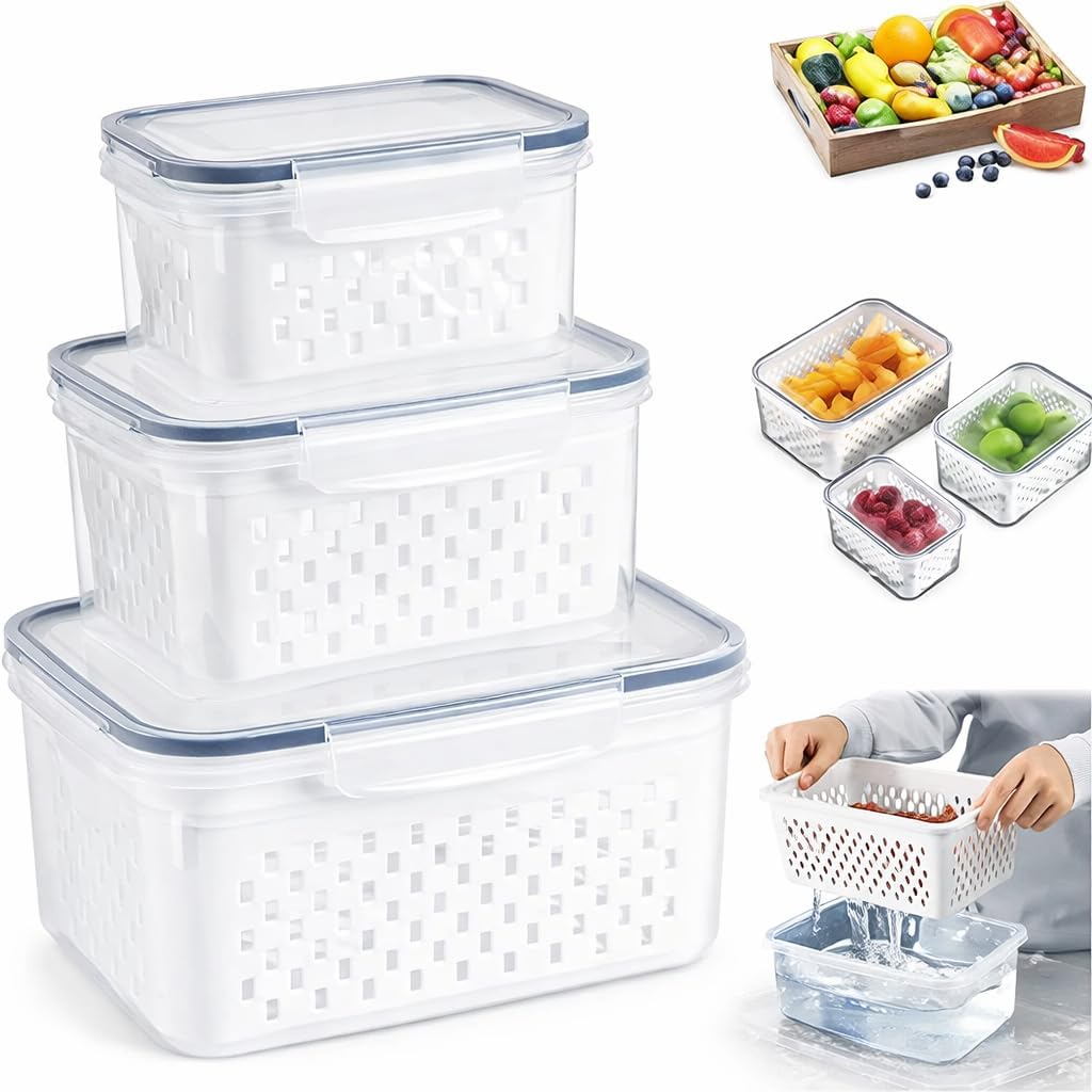 Kit 3 Potes Organizadores Herméticos para Geladeira com Cesto Escorredor – Capacidades 850ml, 1750ml, 3300ml