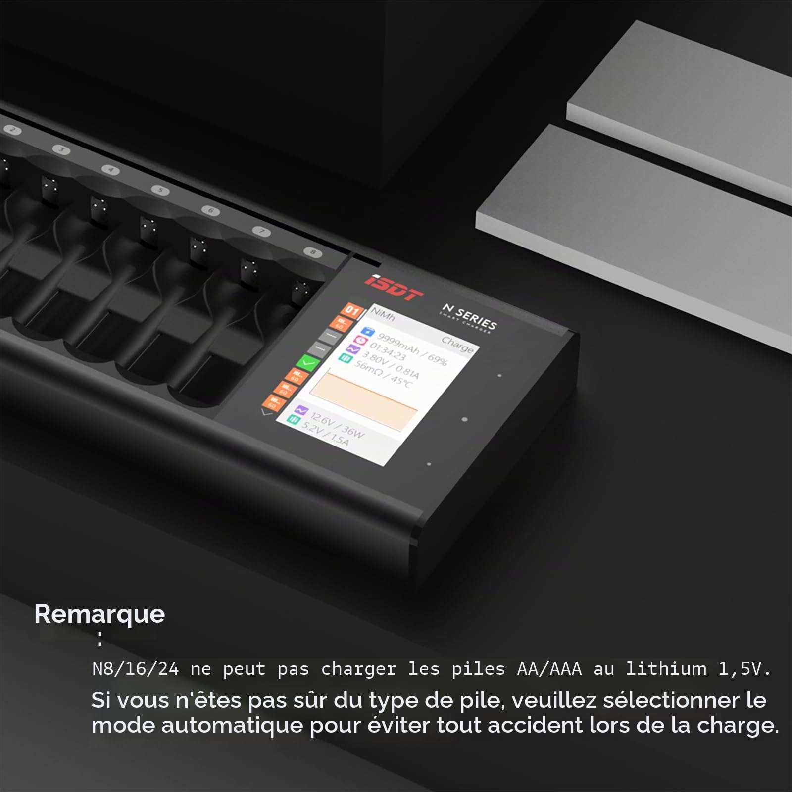 ISDT N8 Chargeur de batterie rapide à 8 baies AA AAA avec analyseur de décharge LCD pour batteries rechargeables Nimh Nizn Nicd, testeur de chargeur de batterie Smart Mini Z, USB-C Cargador de Batería
