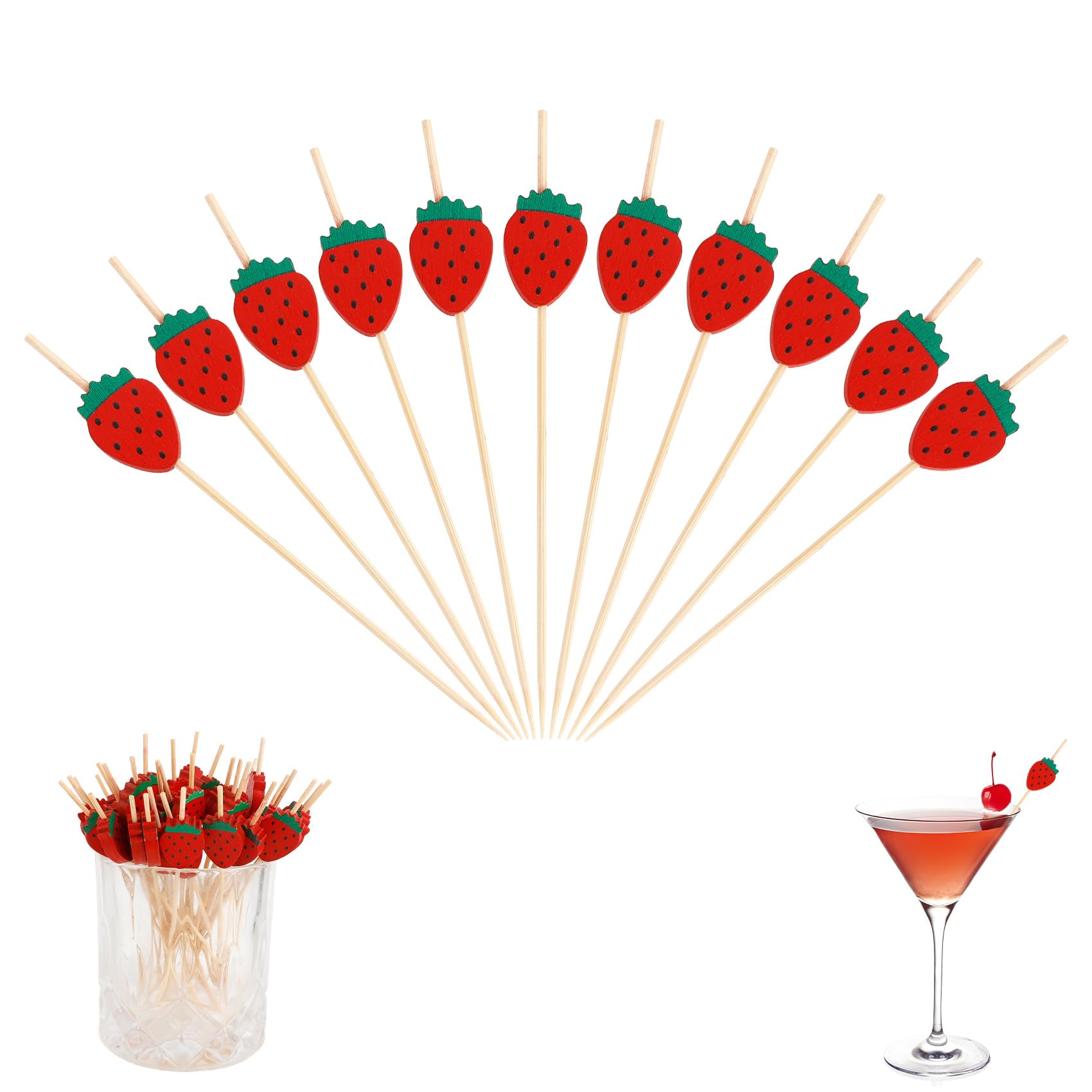 Photo 1 of 100PCS 4.7" Strawberry Cocktail Picks Toothpicks for Appetizers Fancy Toothpicks for Food Drinks Cupcake Toppers Strawberry Fruit Bamboo Sticks for Summer Tropical Tiki Luau Party Decorations Supplies